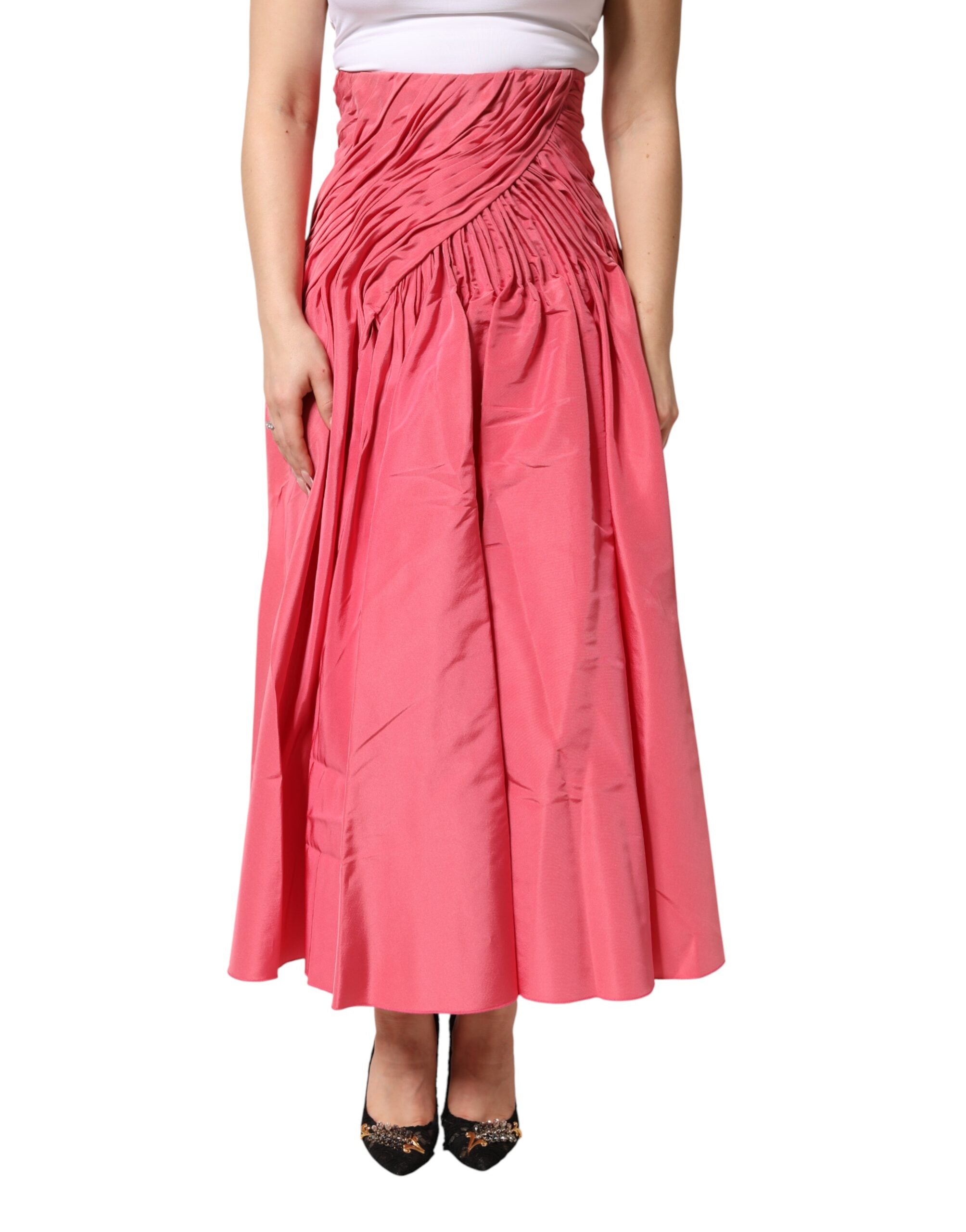 Dolce & Gabbana Pink Silk Pleated High-Waisted Midi-Length Skirt