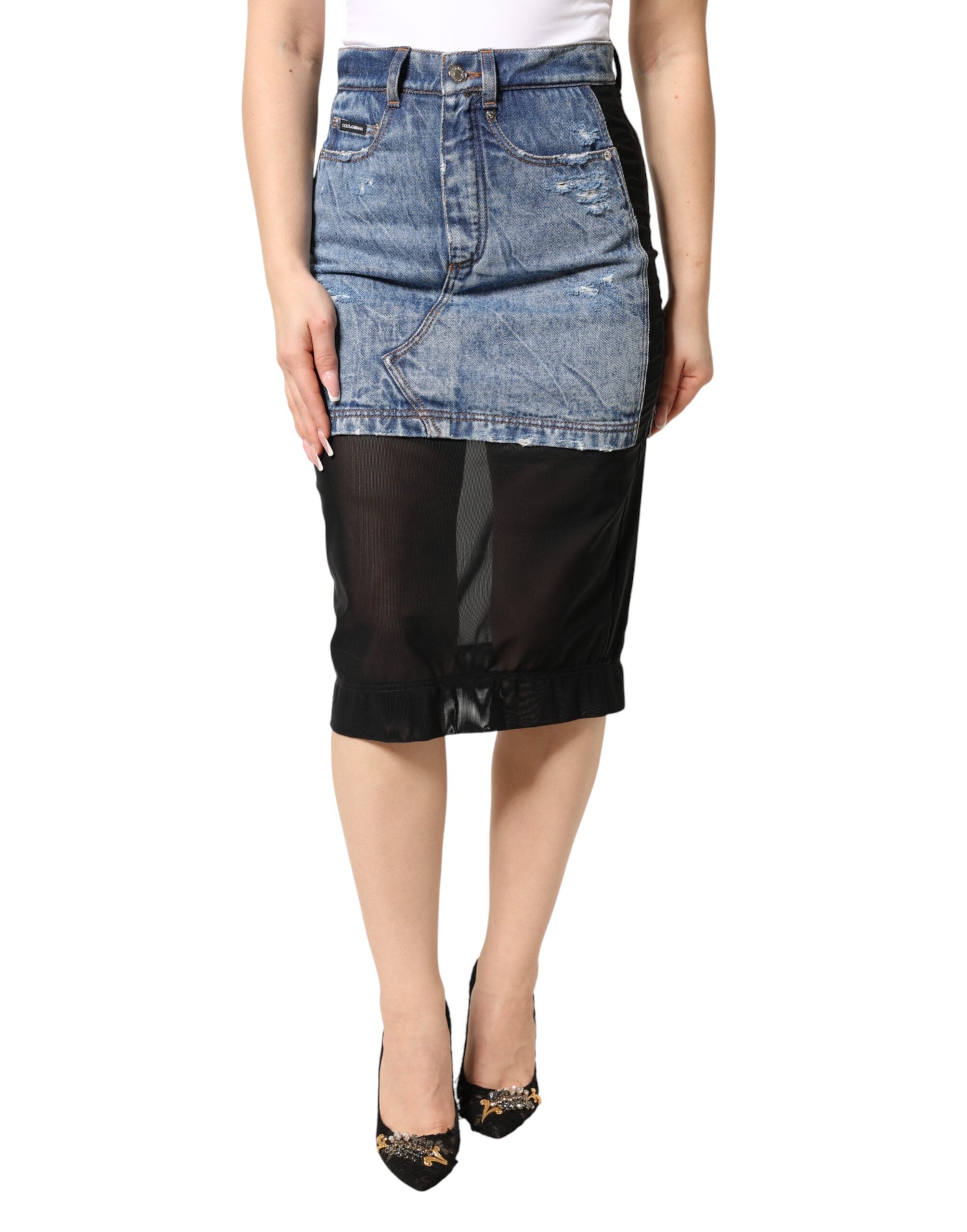 Dolce & Gabbana blue and black cotton denim midi skirt with sheer panels-2