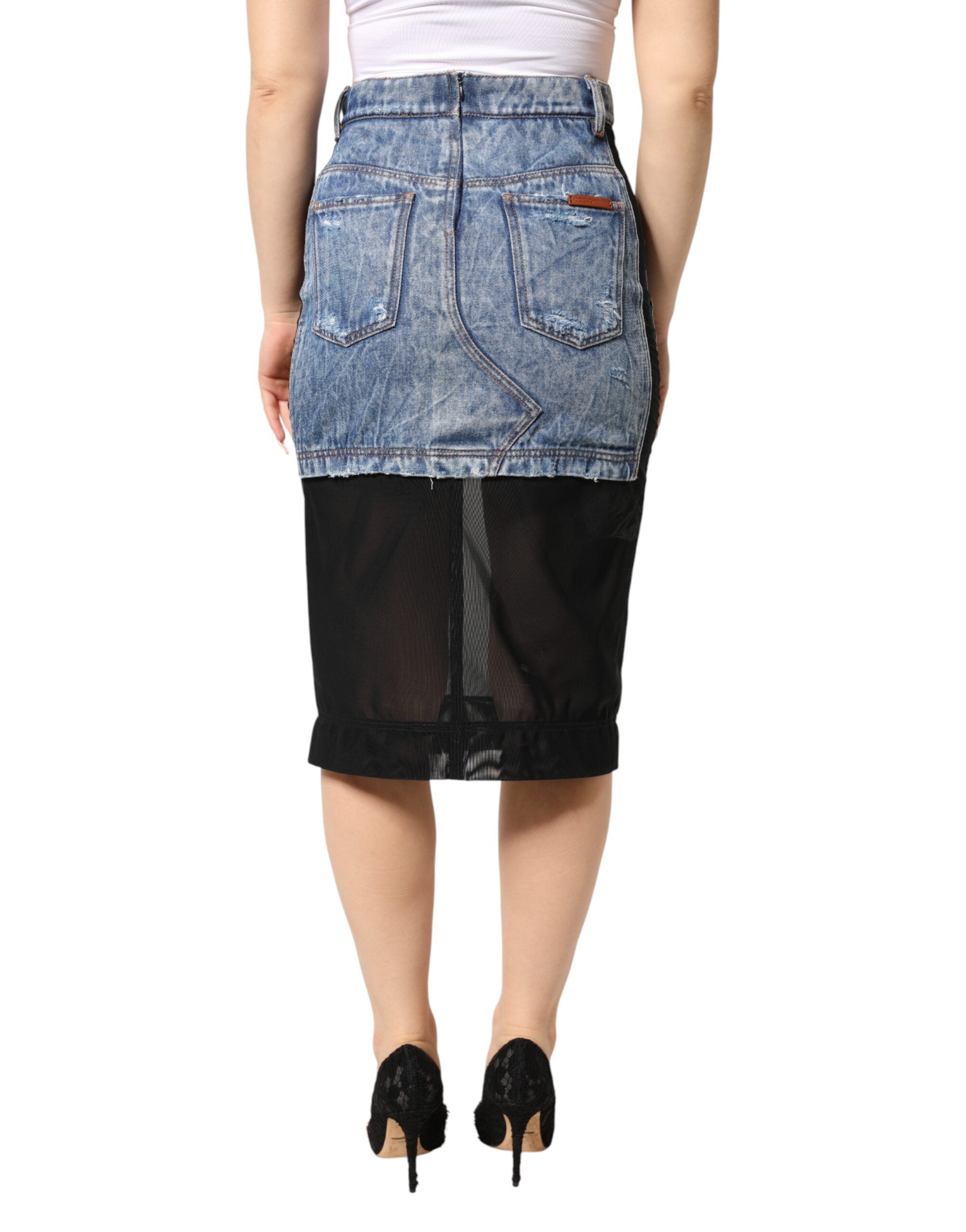 Dolce & Gabbana blue and black cotton denim midi skirt with sheer panels-4