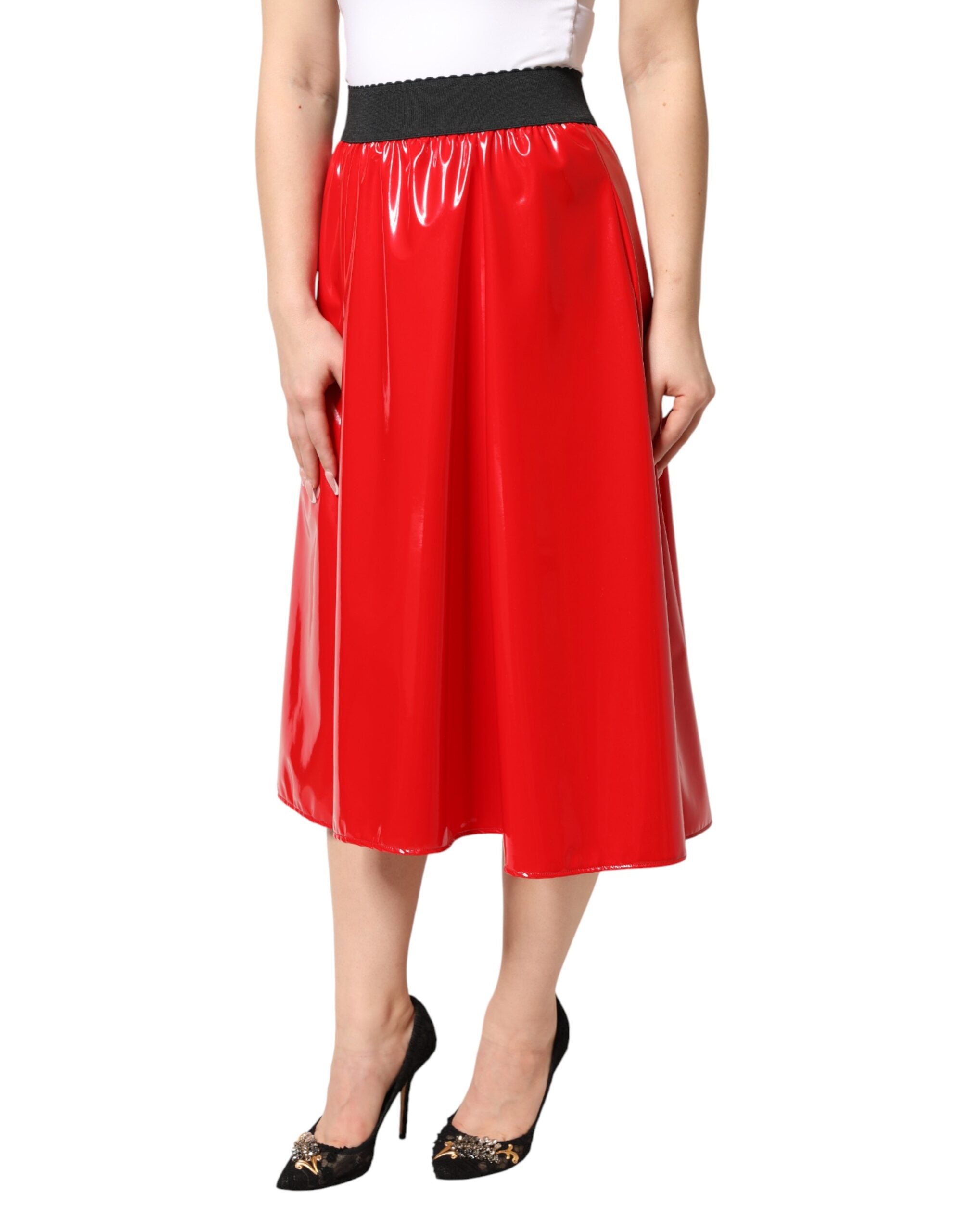 Dolce & Gabbana Glänzender Roter Polyester-Midirock mit hoher Taille-3