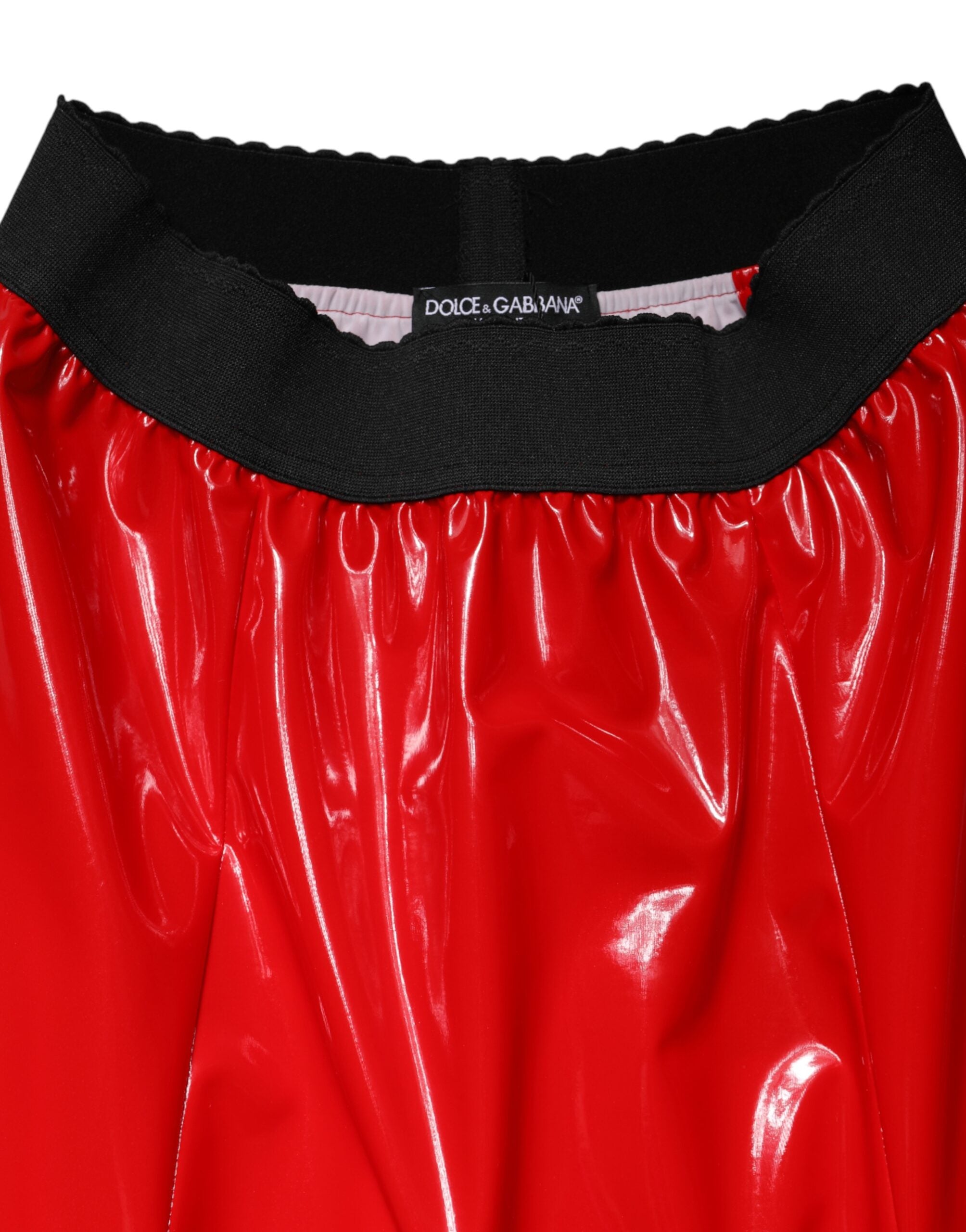 Dolce & Gabbana Glänzender Roter Polyester-Midirock mit hoher Taille-6