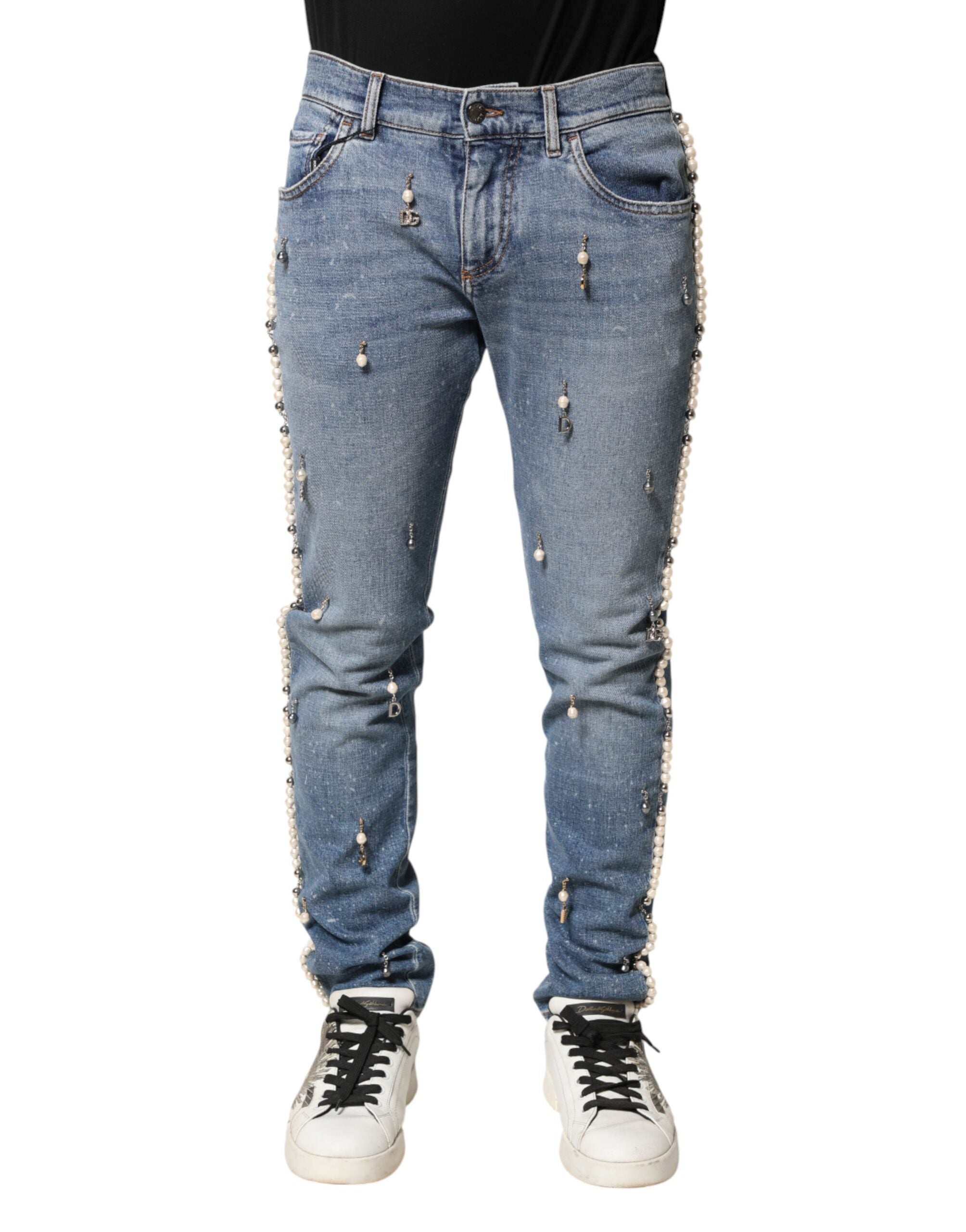 Dolce & Gabbana Embellished Blue Cotton Skinny Jeans-2