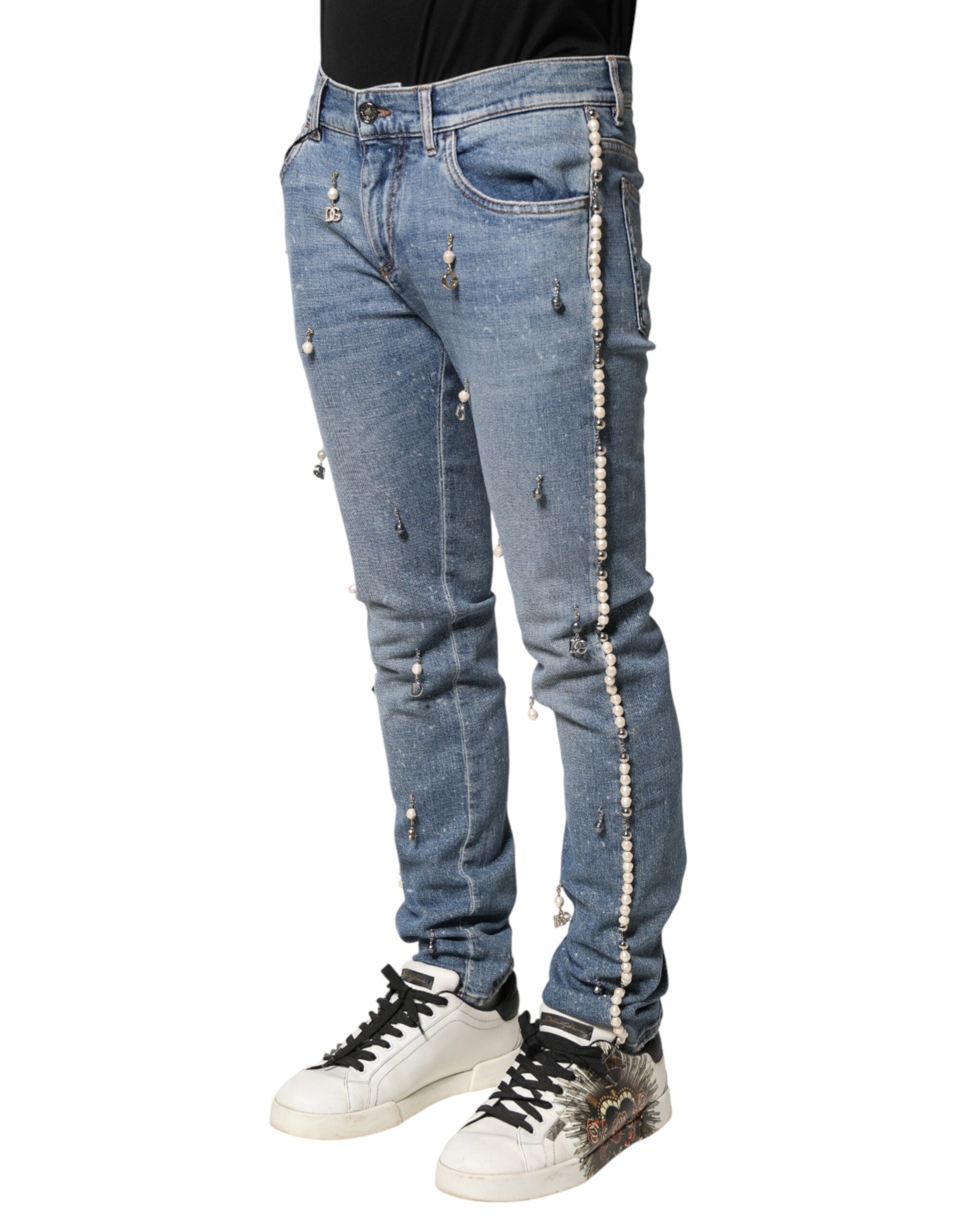Dolce & Gabbana Embellished Blue Cotton Skinny Jeans-3