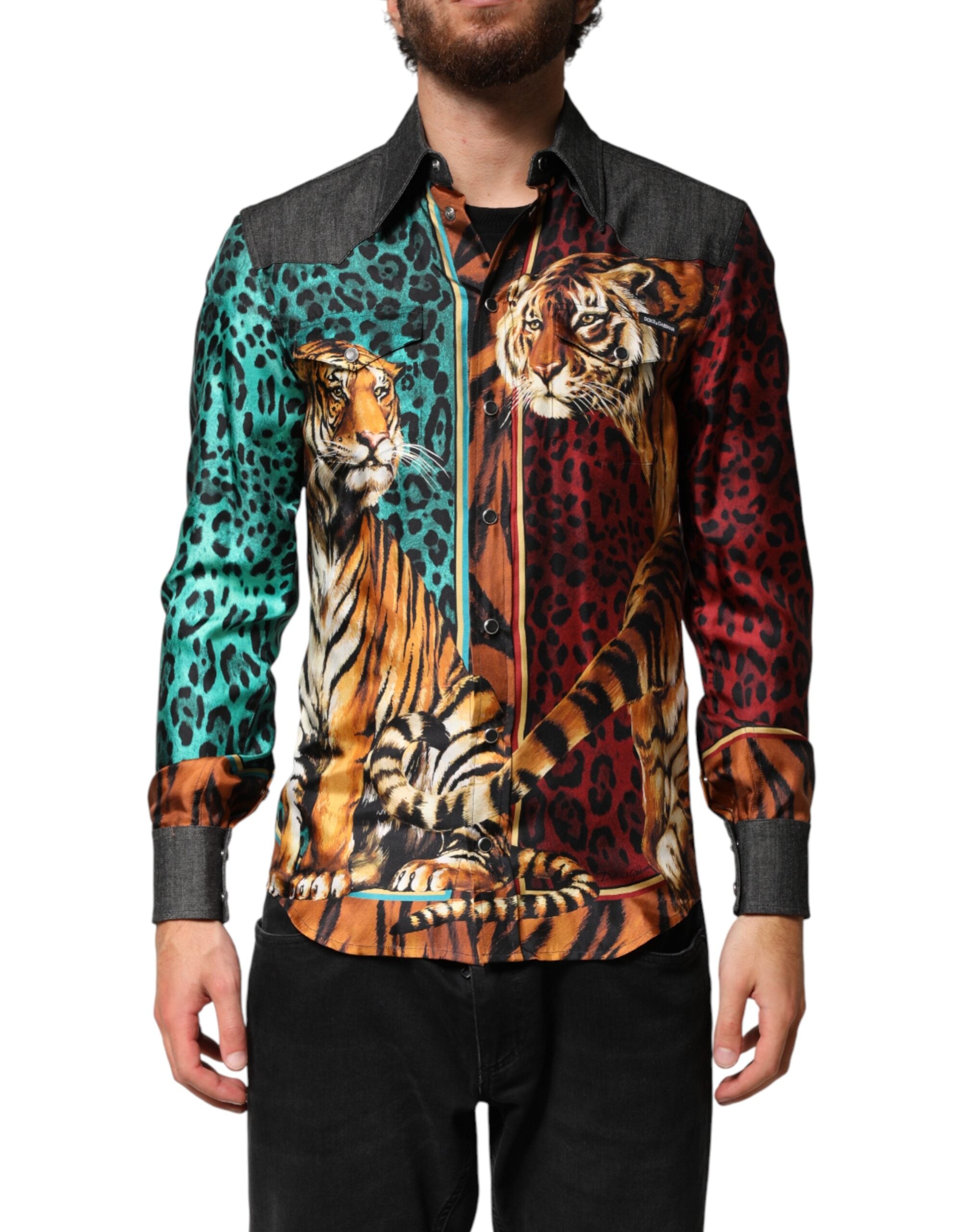 Dolce & Gabbana Mehrfarbiges Seidenhemd für Herren mit Tiger- und Leoparden-Print-1