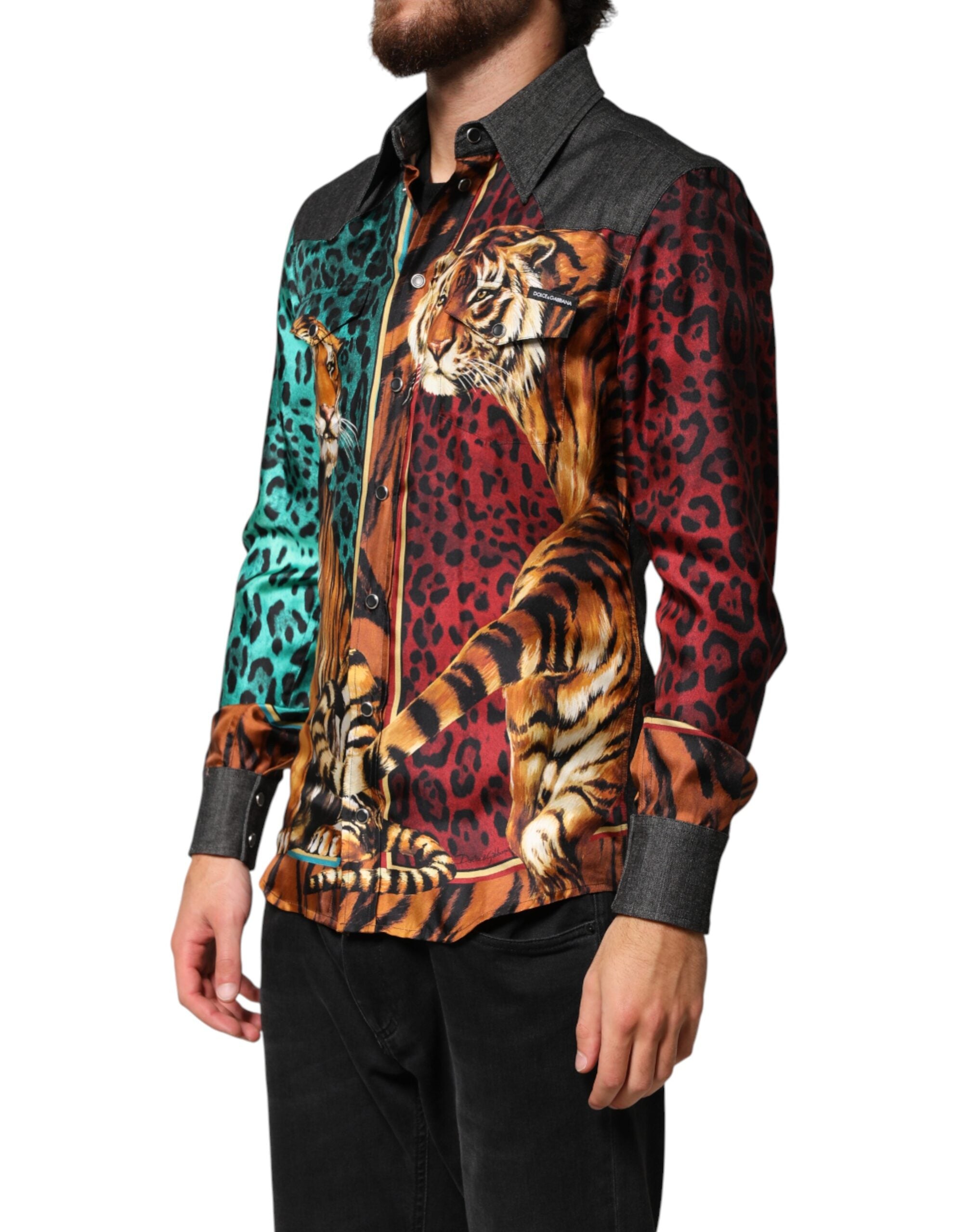 Dolce & Gabbana Mehrfarbiges Seidenhemd für Herren mit Tiger- und Leoparden-Print-3
