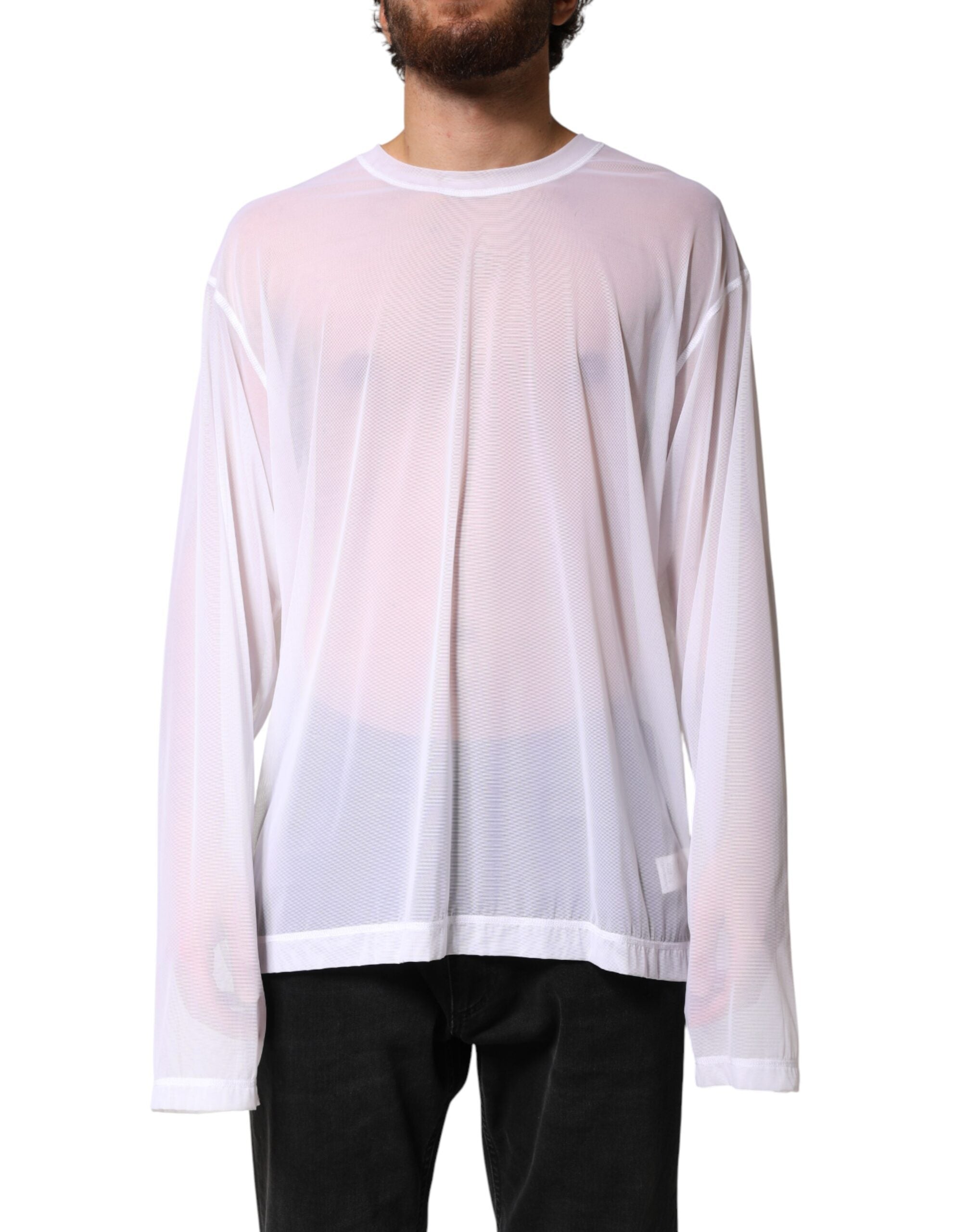 Dolce & Gabbana Weißes Langarm-Rundhals-T-Shirt aus Nylon-1
