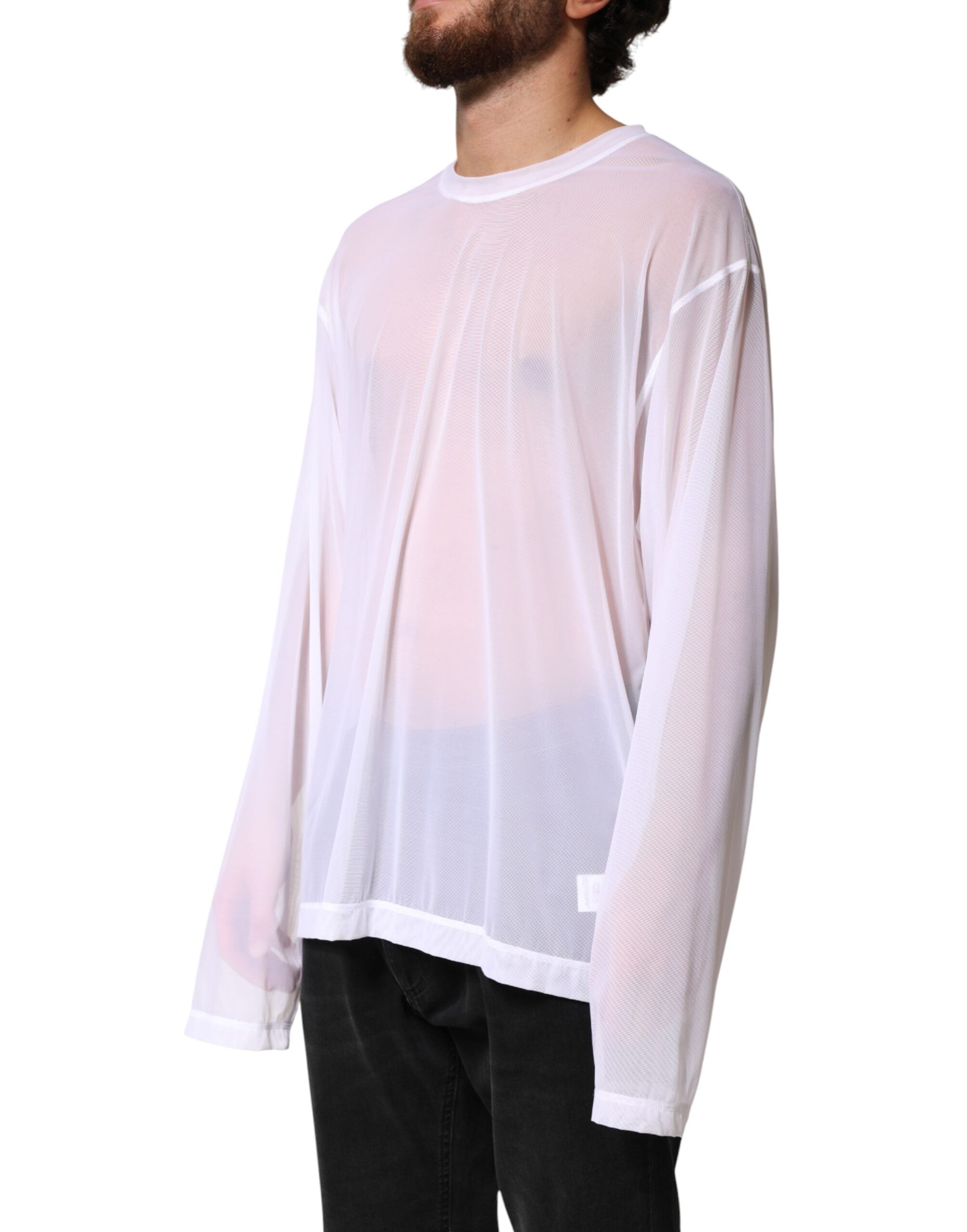 Dolce & Gabbana Weißes Langarm-Rundhals-T-Shirt aus Nylon-3