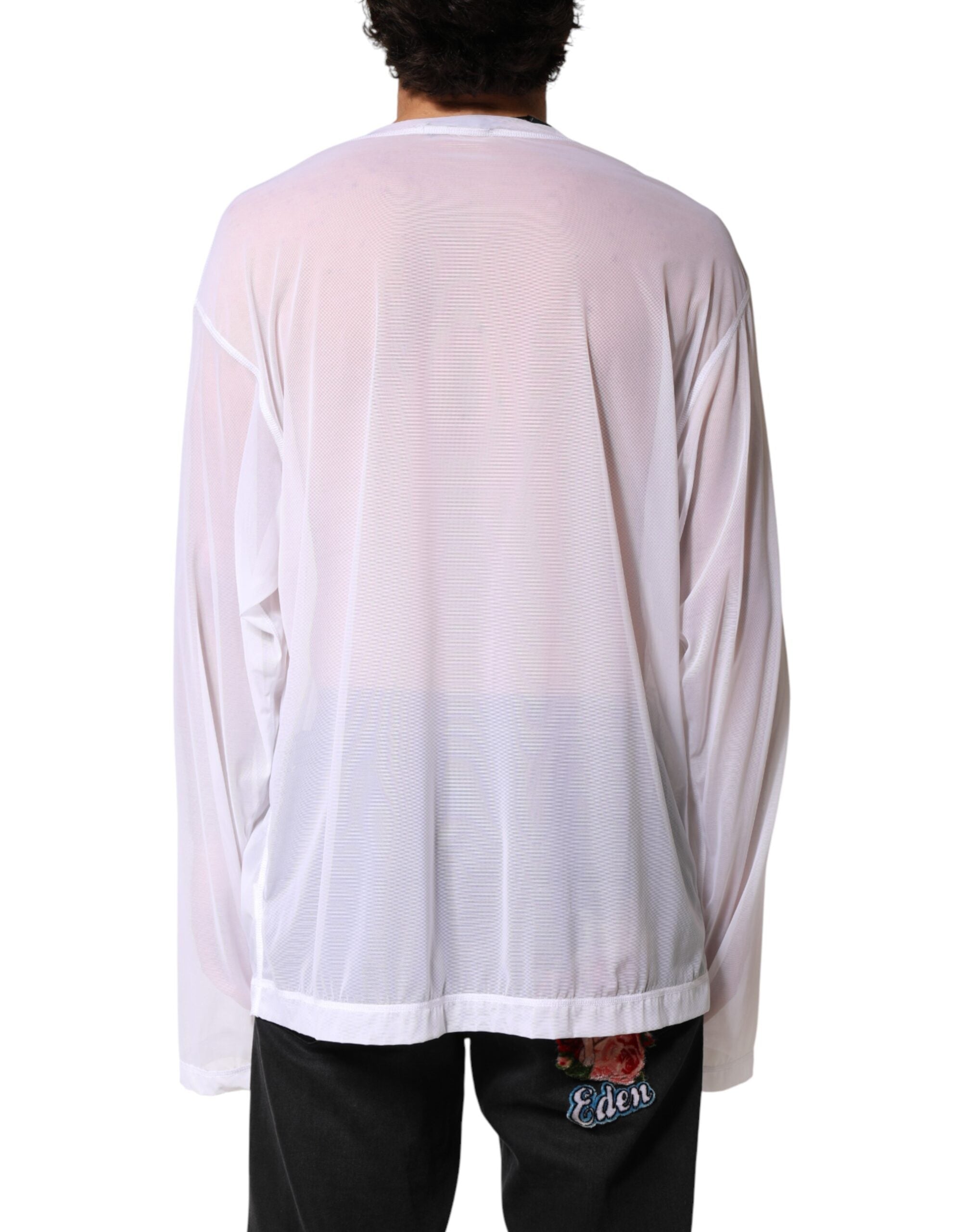 Dolce & Gabbana Weißes Langarm-Rundhals-T-Shirt aus Nylon-4