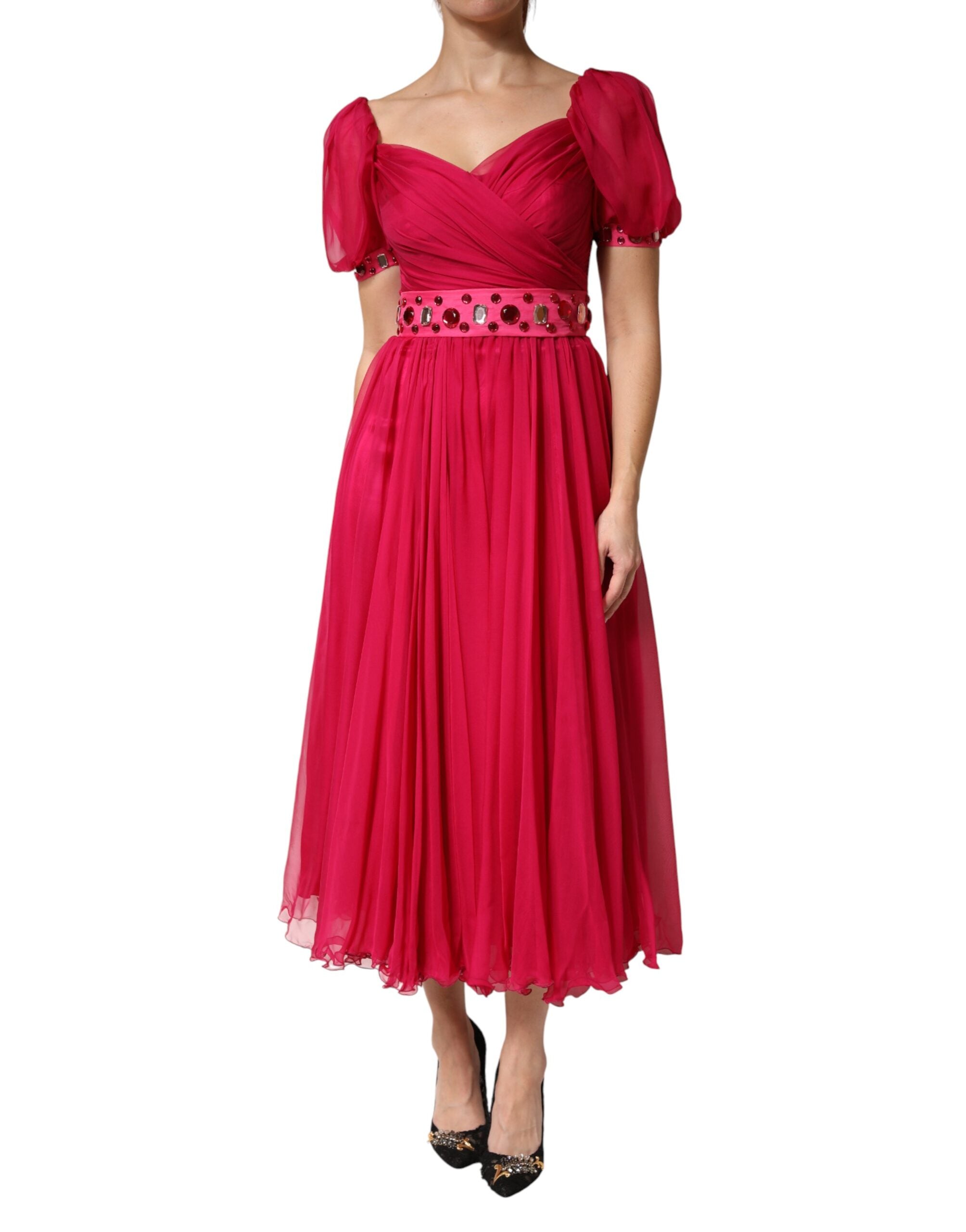 Dolce & Gabbana Rosa Seiden-Midikleid in A-Linie mit Verzierungen-2