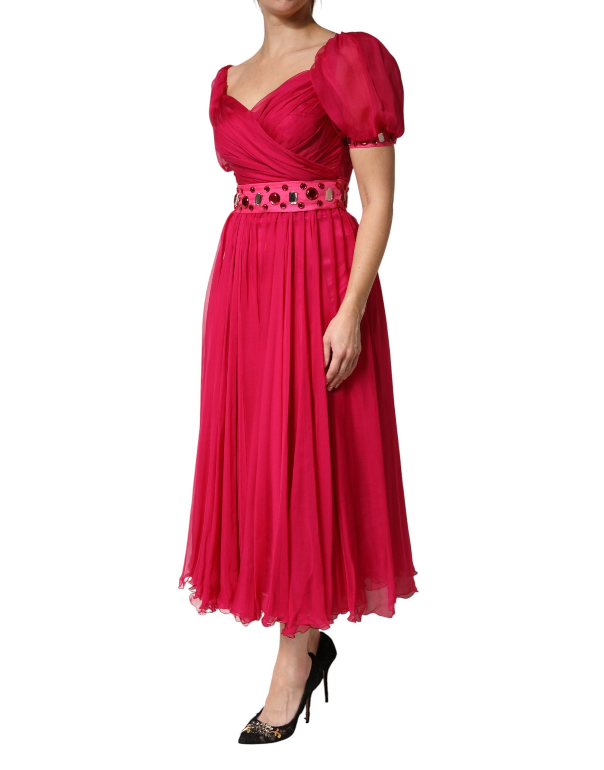 Dolce & Gabbana Rosa Seiden-Midikleid in A-Linie mit Verzierungen-3