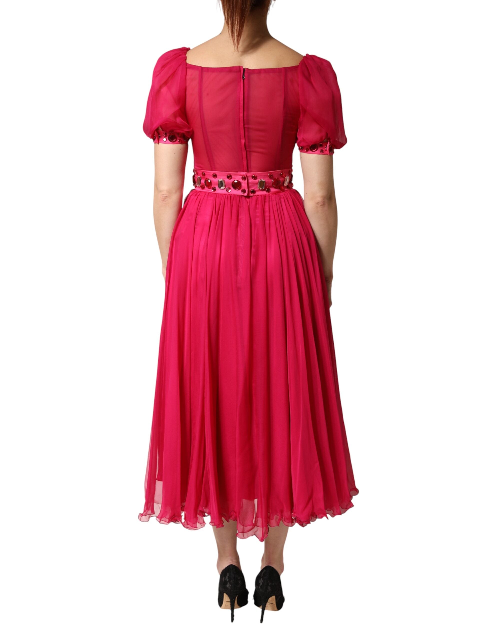 Dolce & Gabbana Rosa Seiden-Midikleid in A-Linie mit Verzierungen-4