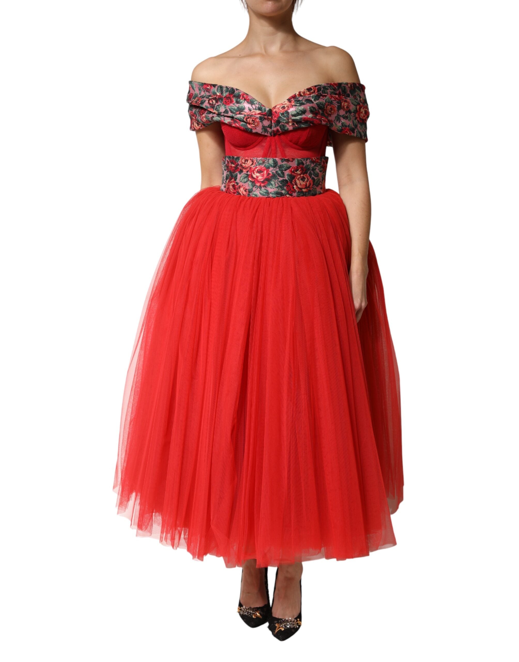 Dolce & Gabbana Rotes Blumen-Abendkleid mit Carmen-Ausschnitt und A-Linie-2