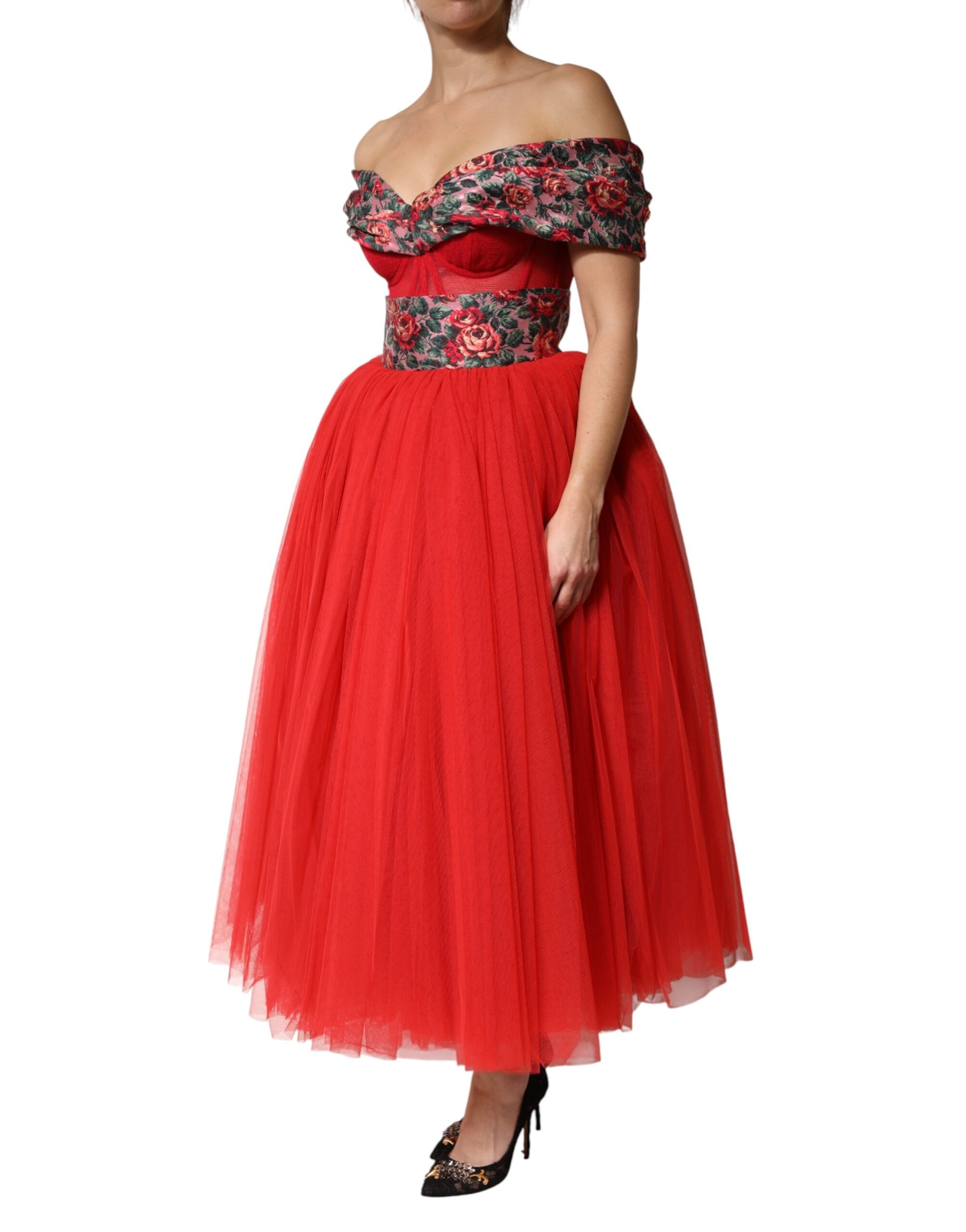 Dolce & Gabbana Rotes Blumen-Abendkleid mit Carmen-Ausschnitt und A-Linie-3
