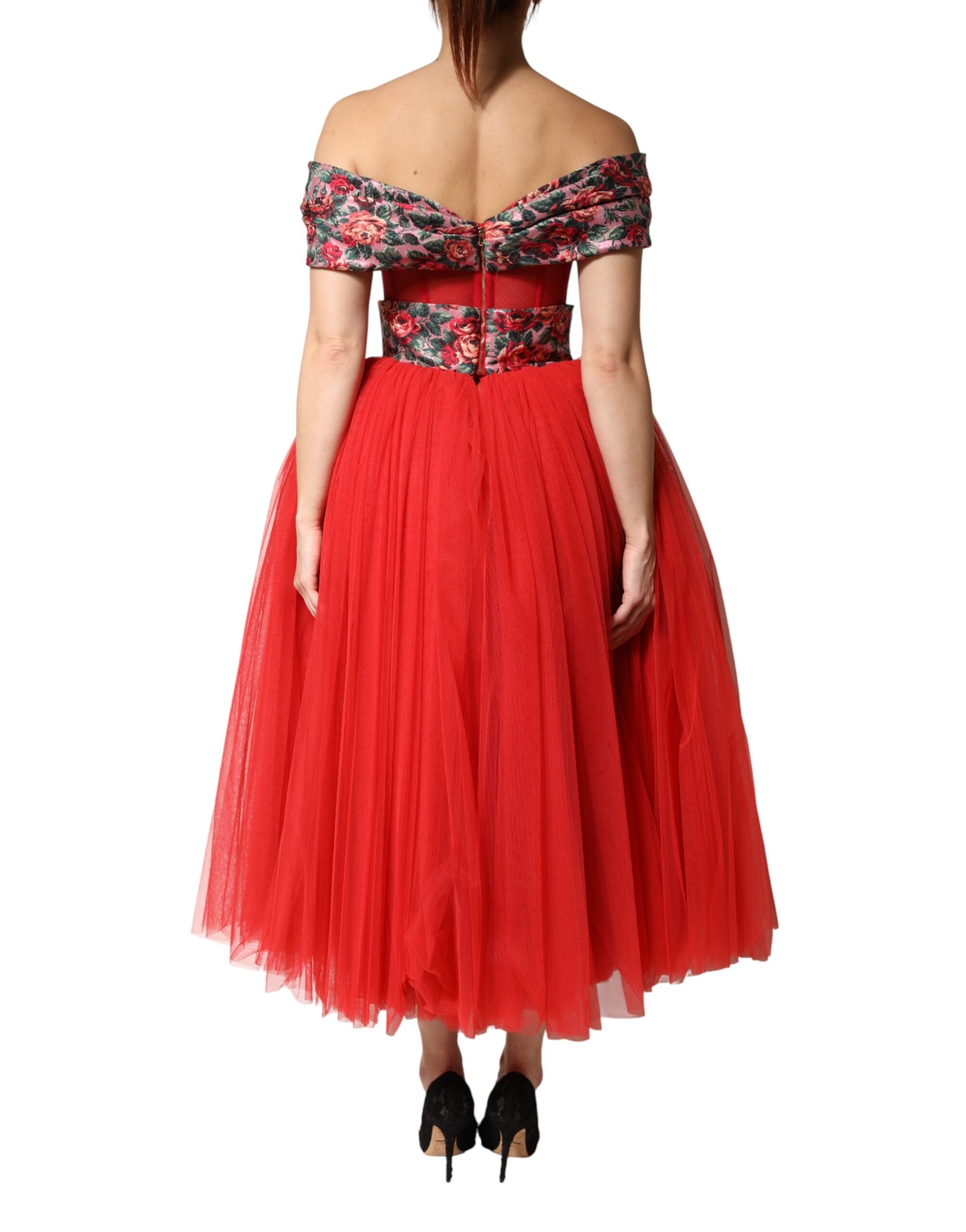 Dolce & Gabbana Rotes Blumen-Abendkleid mit Carmen-Ausschnitt und A-Linie-4