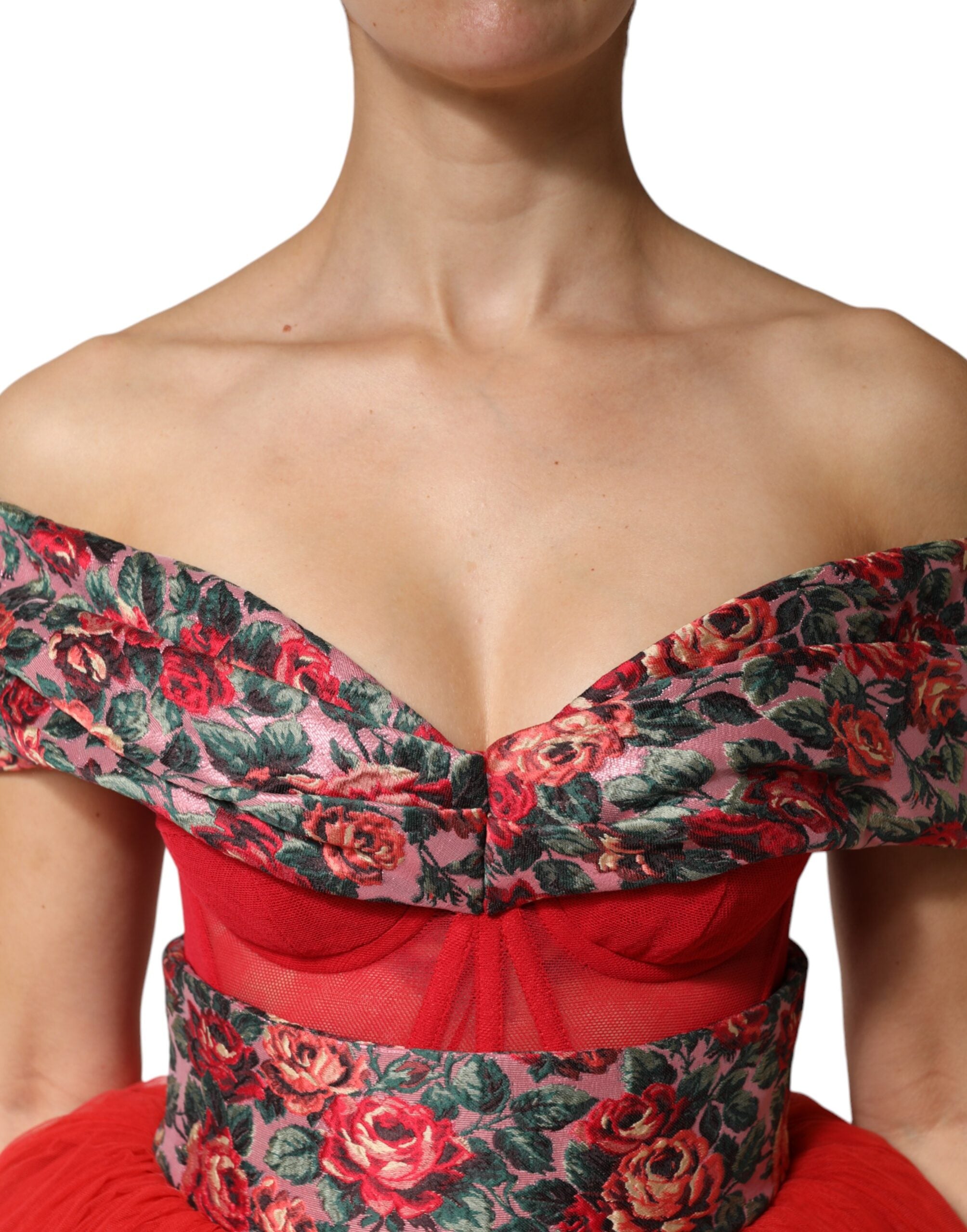 Dolce & Gabbana Rotes Blumen-Abendkleid mit Carmen-Ausschnitt und A-Linie-5
