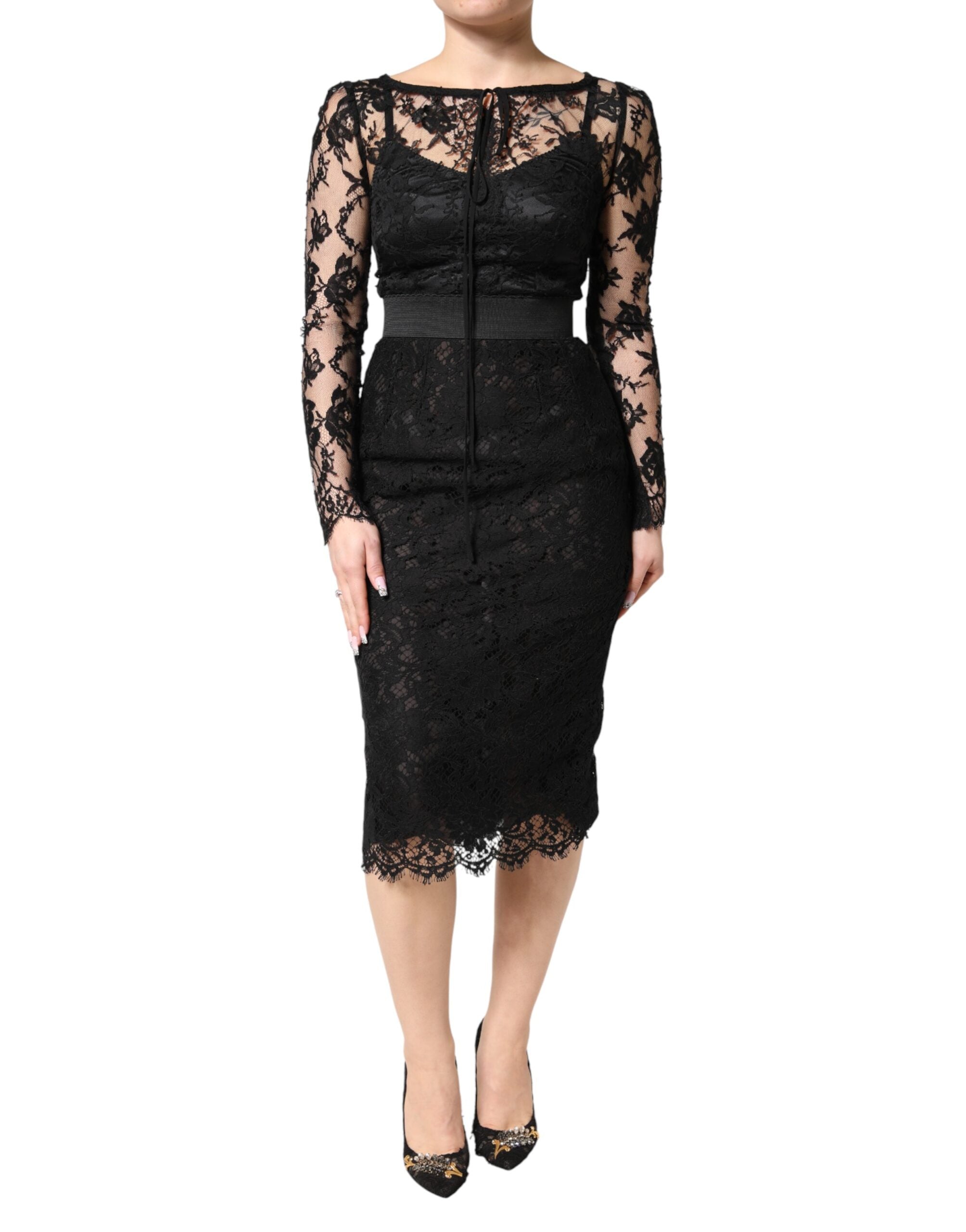 Dolce & Gabbana Schwarzes Etuikleid aus Baumwolle mit Spitzendetails, Midi-Länge-2