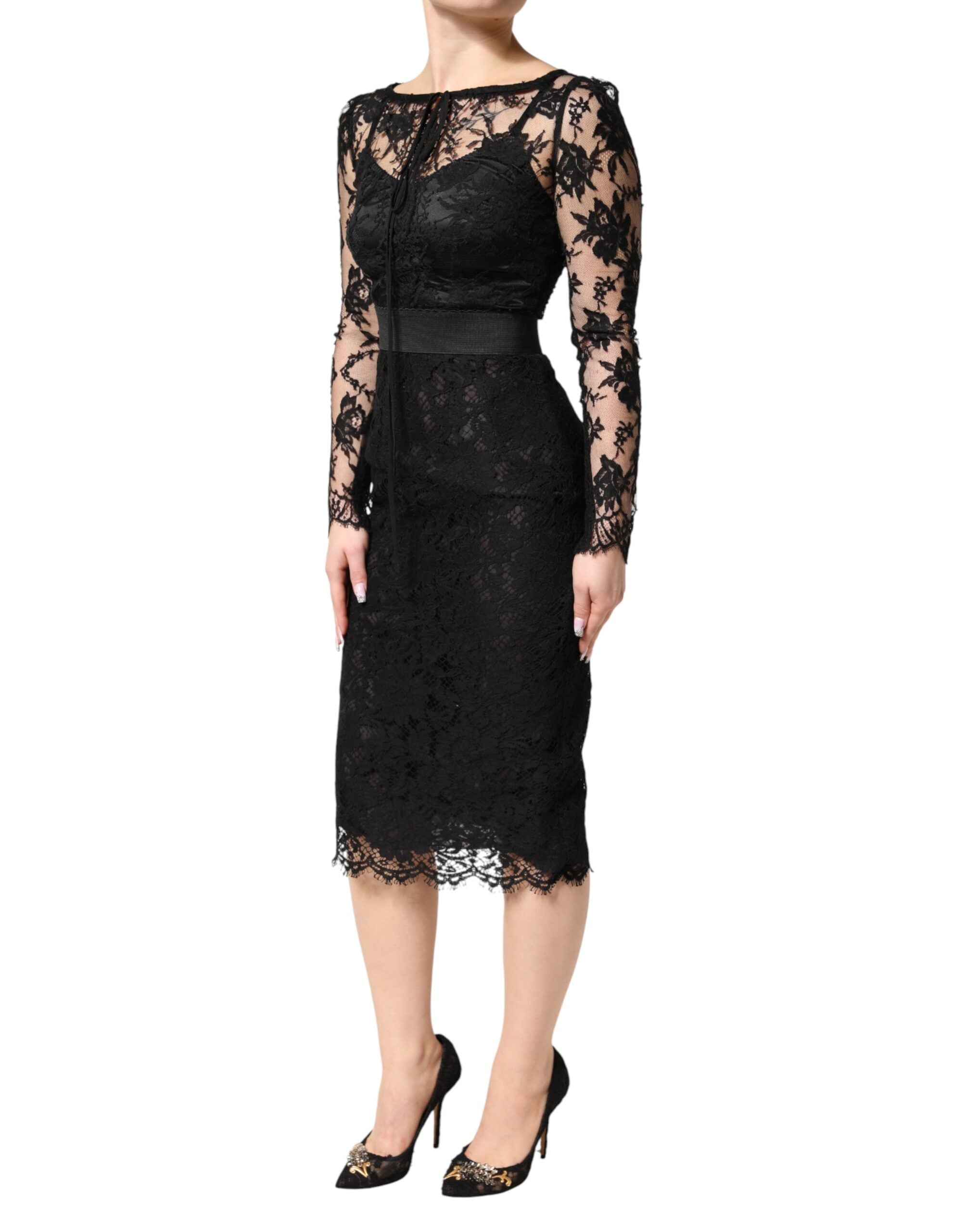 Dolce & Gabbana Schwarzes Etuikleid aus Baumwolle mit Spitzendetails, Midi-Länge-3