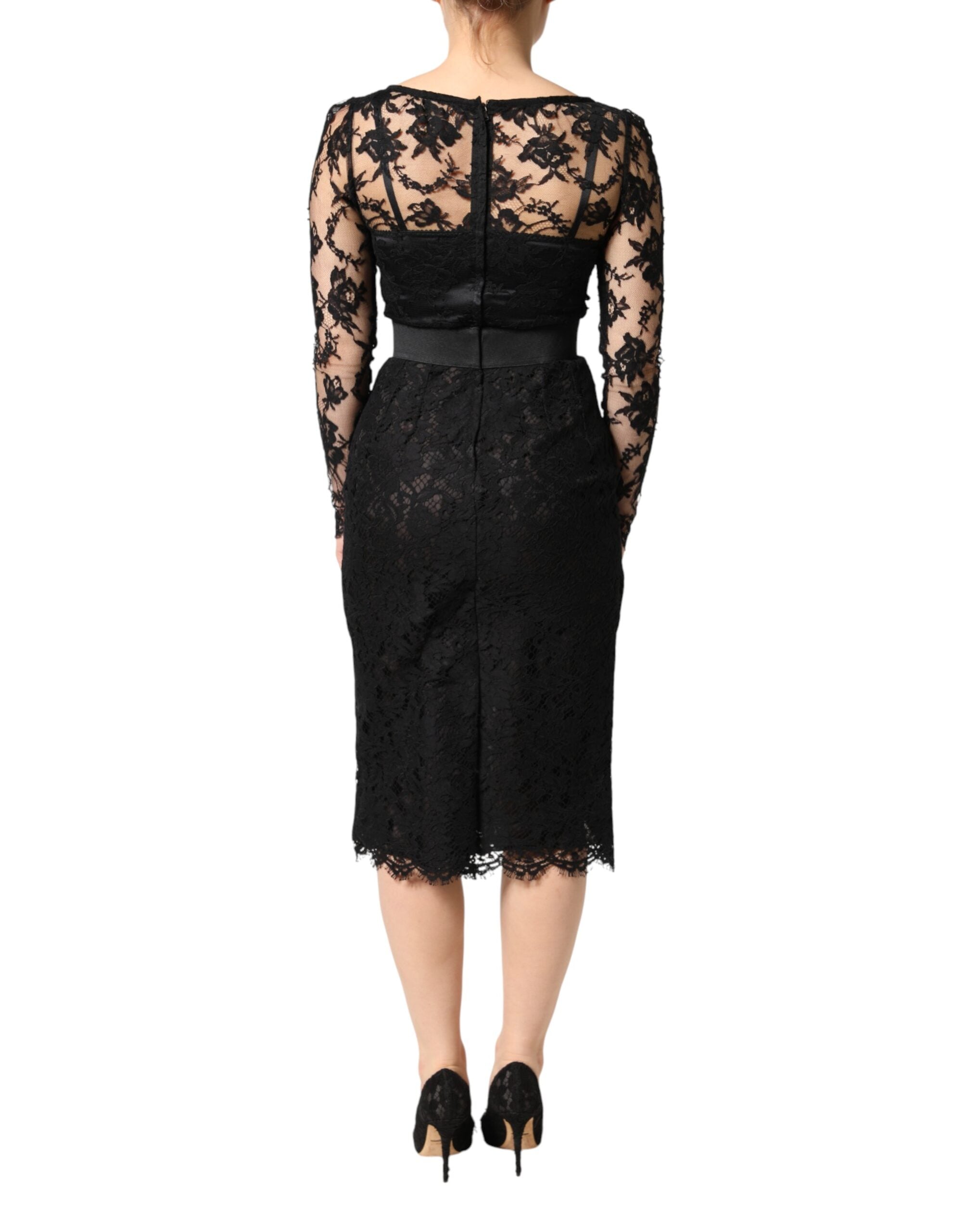 Dolce & Gabbana Schwarzes Etuikleid aus Baumwolle mit Spitzendetails, Midi-Länge-4