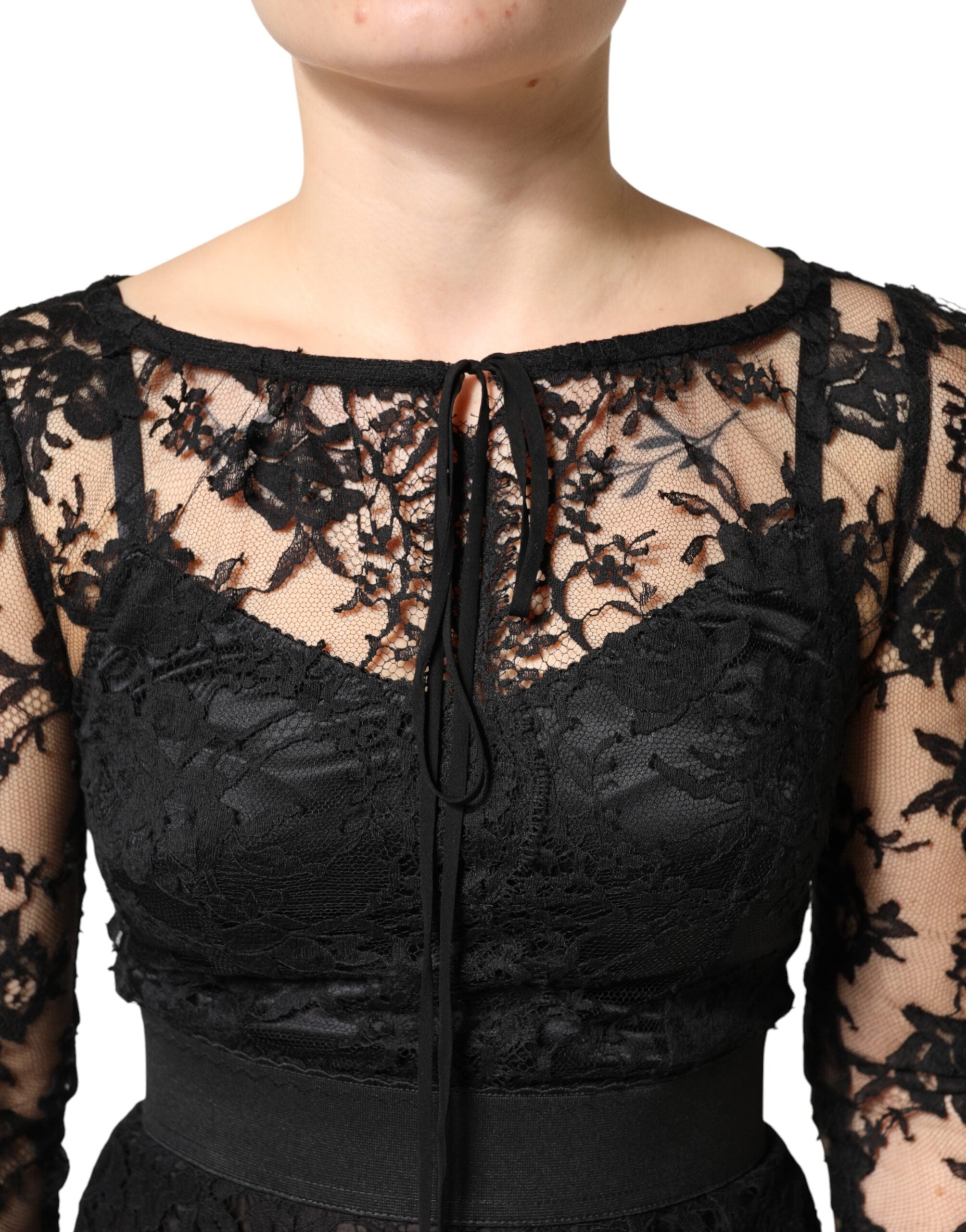 Dolce & Gabbana Schwarzes Etuikleid aus Baumwolle mit Spitzendetails, Midi-Länge-5