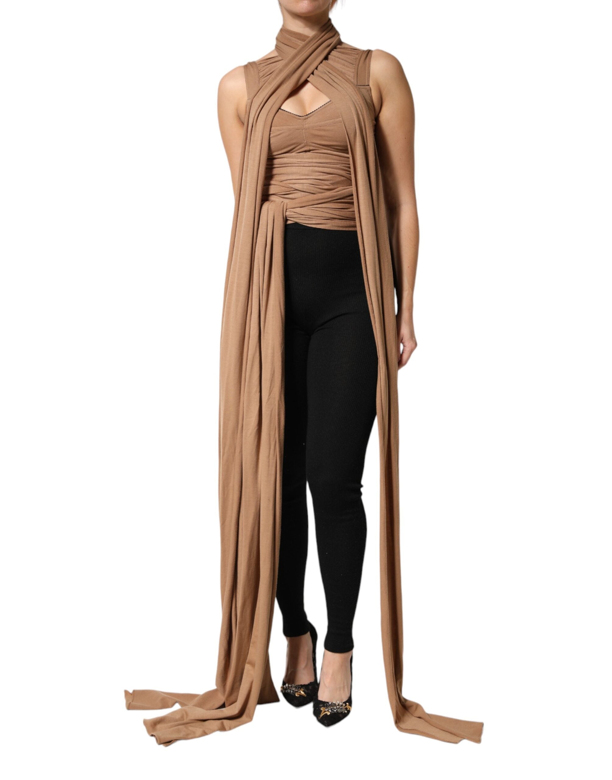 Dolce & Gabbana Brown Sleeveless Scarf Tank Top in Pure Virgin Wool-2