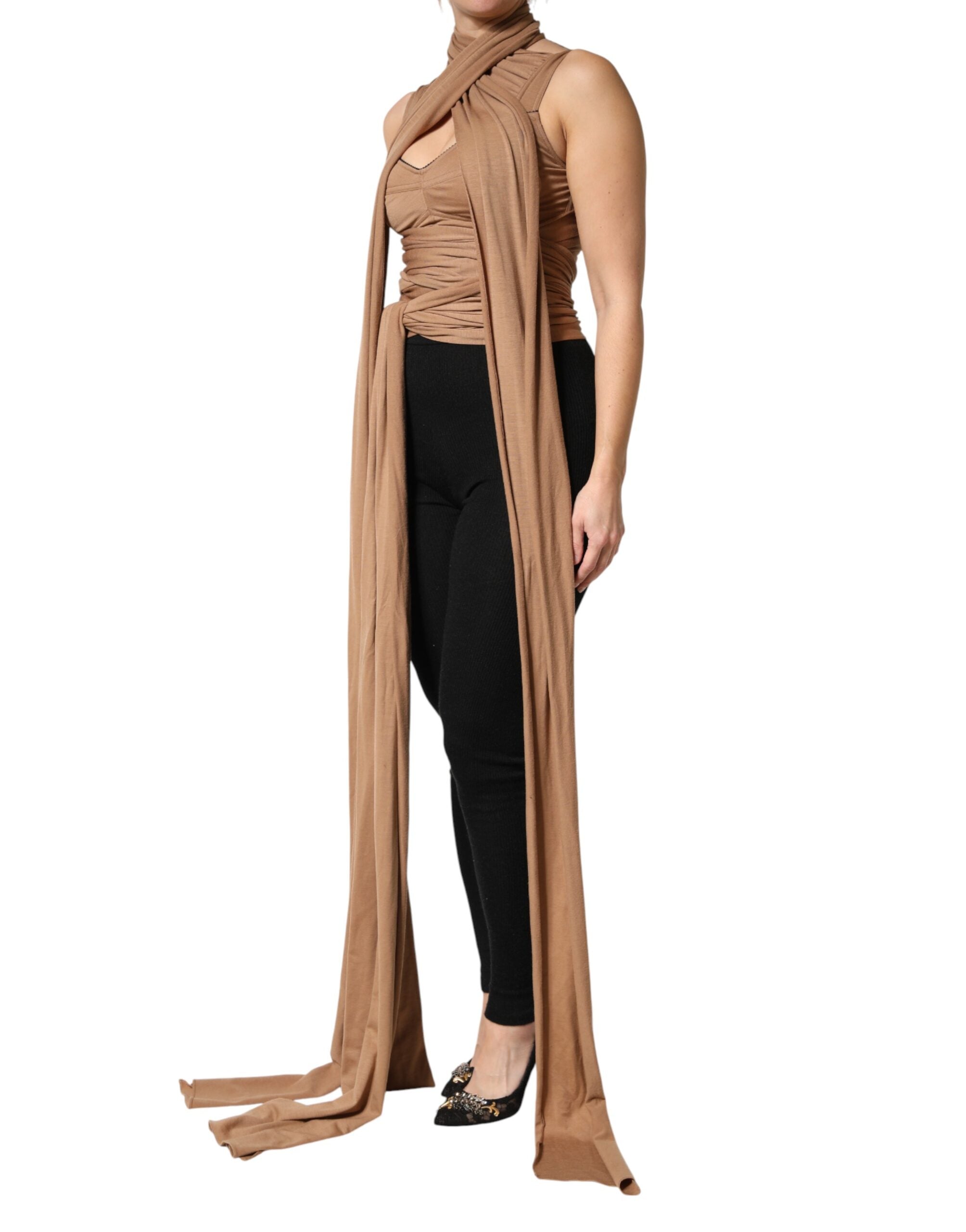 Dolce & Gabbana Brown Sleeveless Scarf Tank Top in Pure Virgin Wool-3