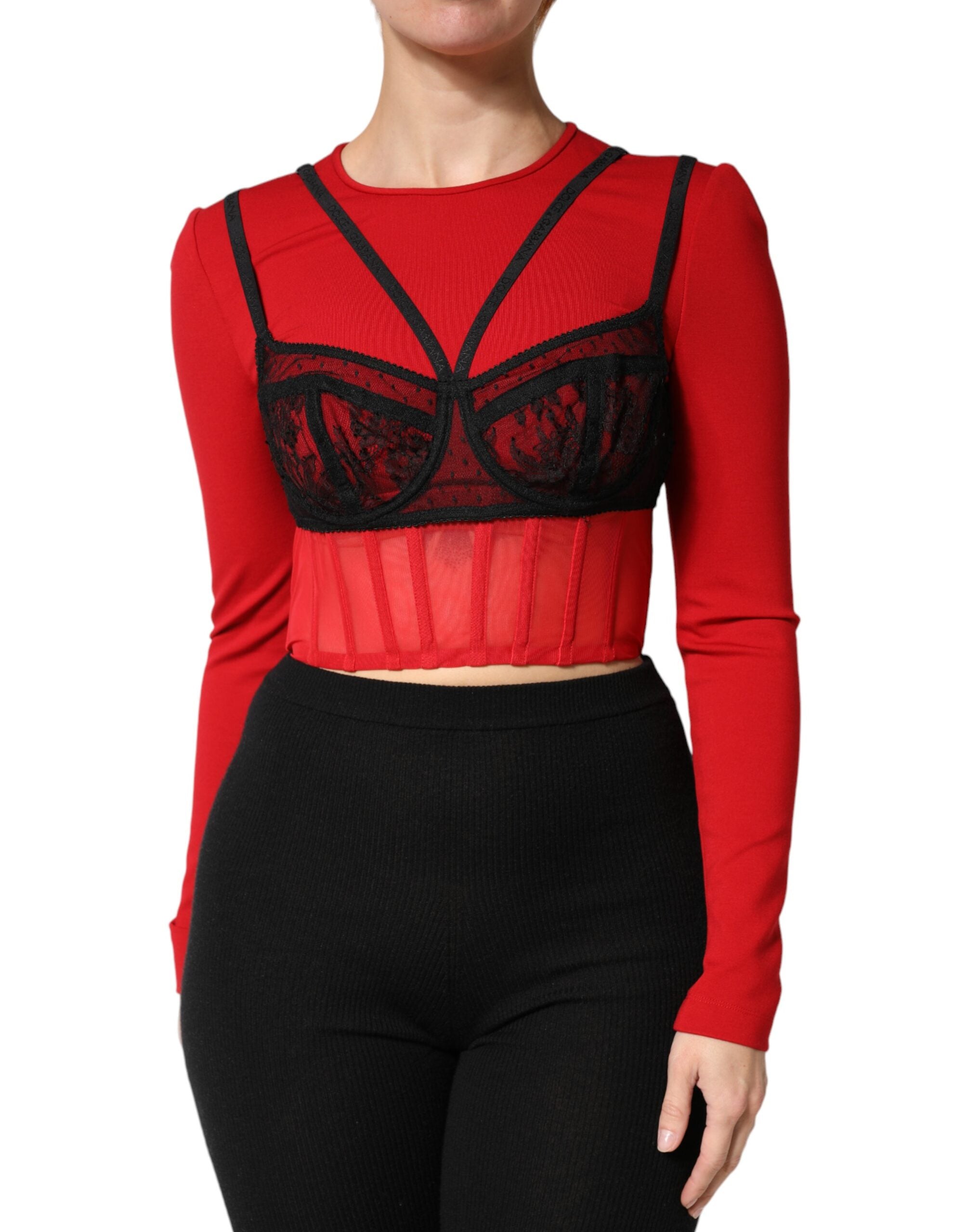 Dolce & Gabbana Red Black Nylon Bralette Crop Top