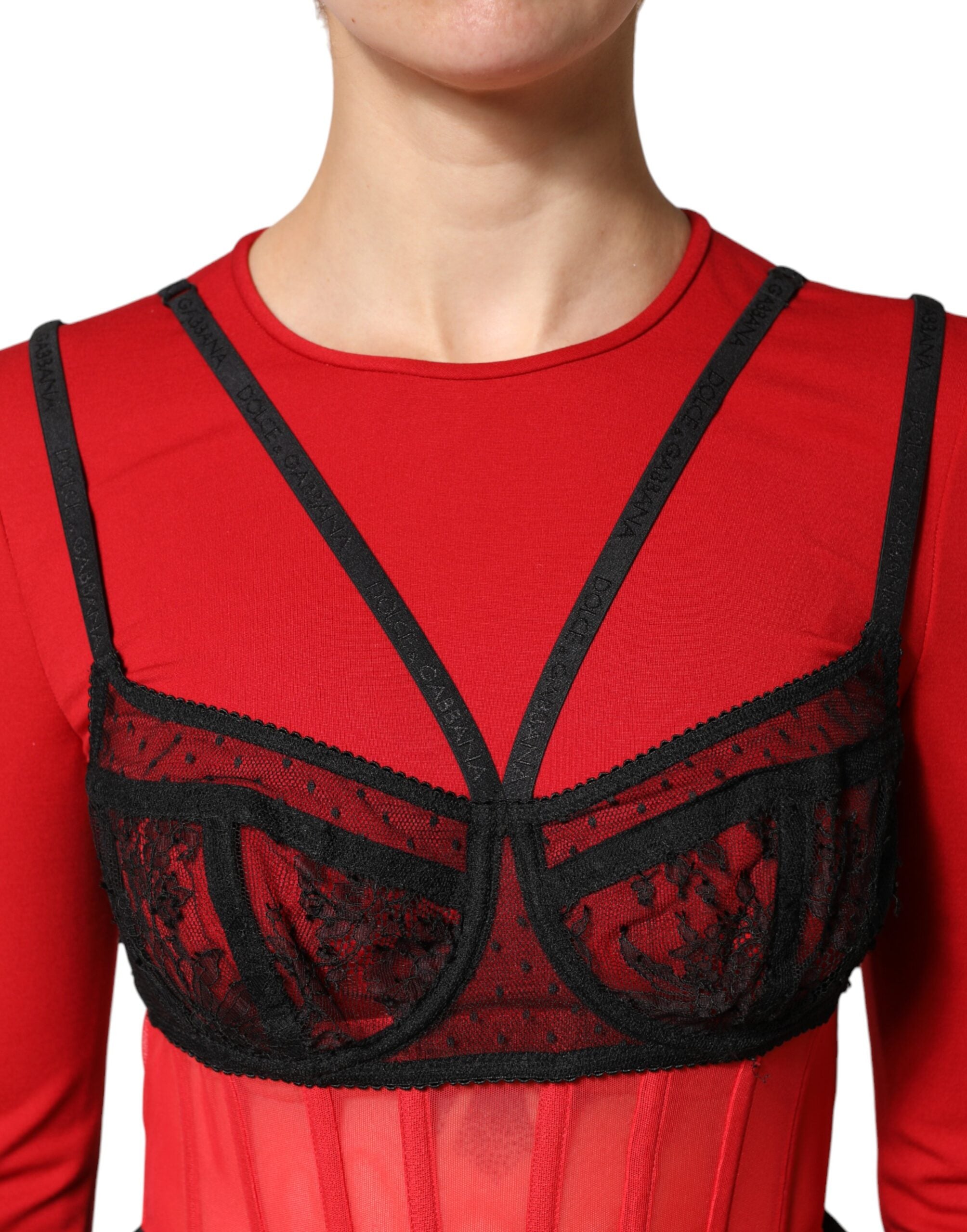 Dolce & Gabbana Rotes schwarzes Bralette-Crop-Top aus Nylon-5