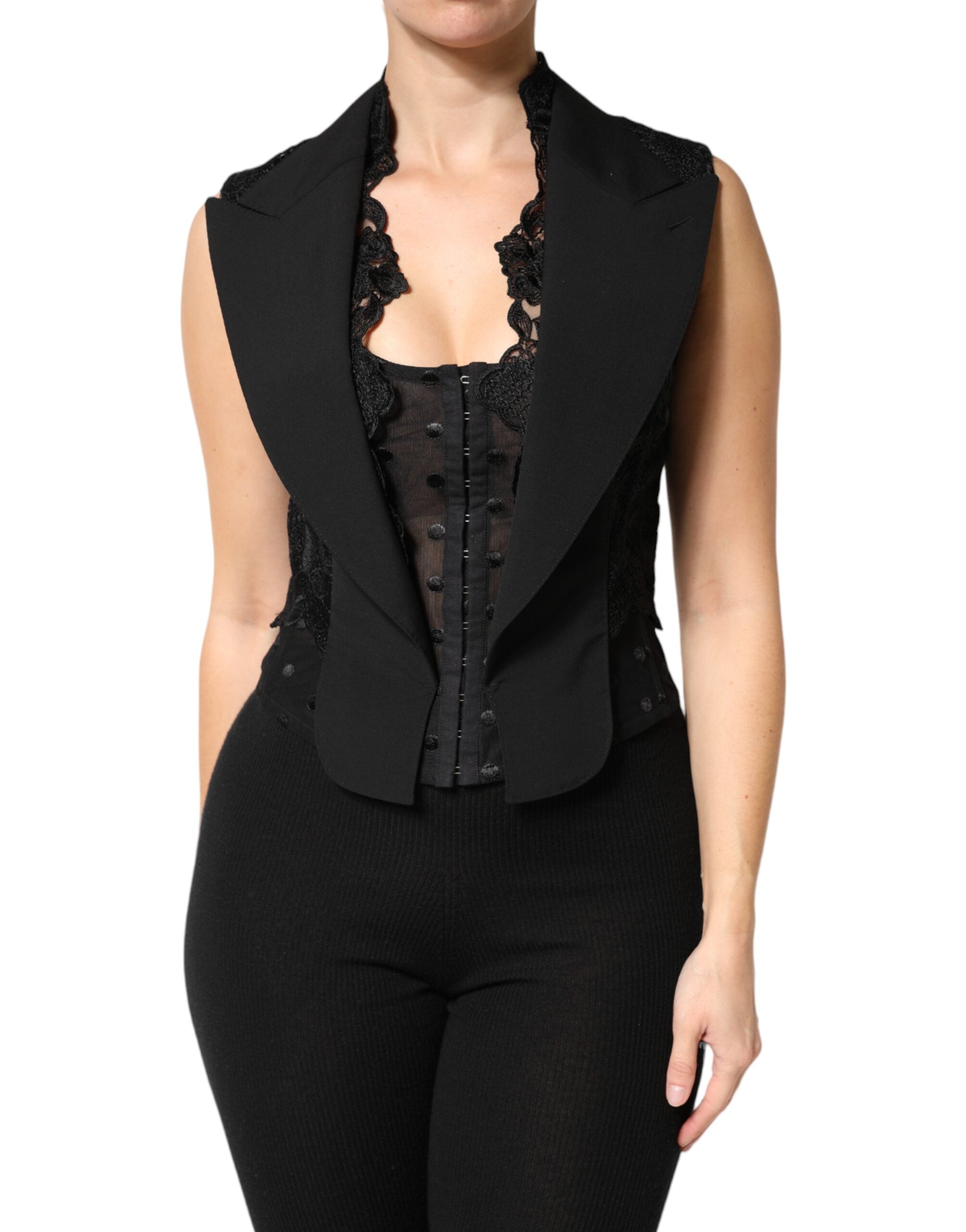 Dolce & Gabbana Black Lace Vest with V-Neck, Slit Hem, and Ruched Waist-1
