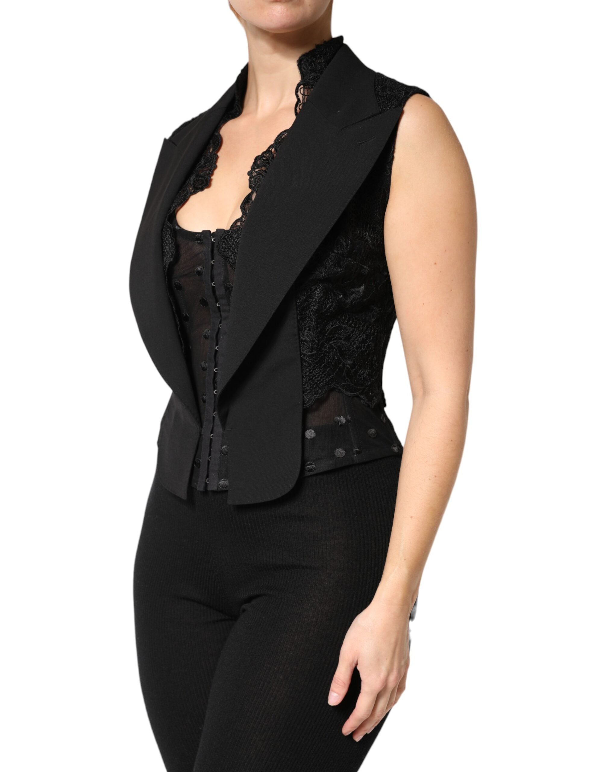 Dolce & Gabbana Black Lace Vest with V-Neck, Slit Hem, and Ruched Waist-3