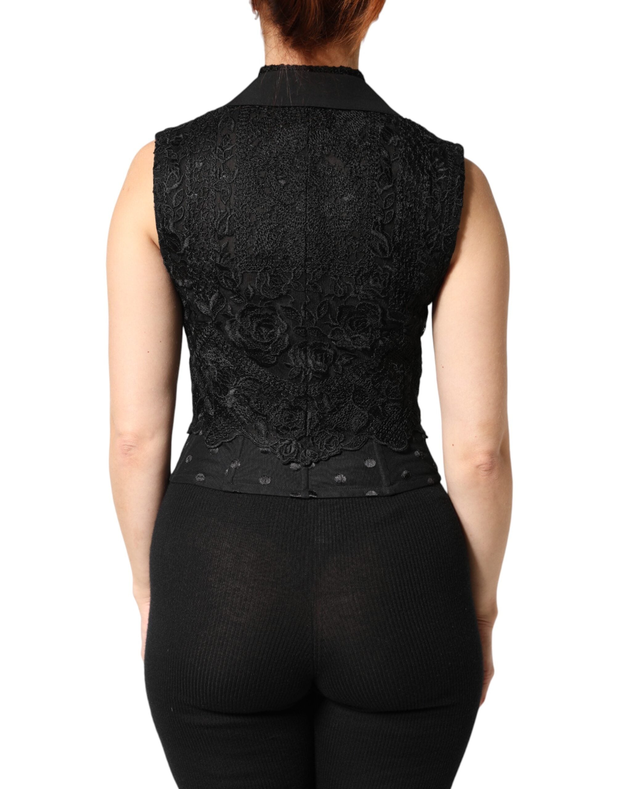 Dolce & Gabbana Black Lace Vest with V-Neck, Slit Hem, and Ruched Waist-4