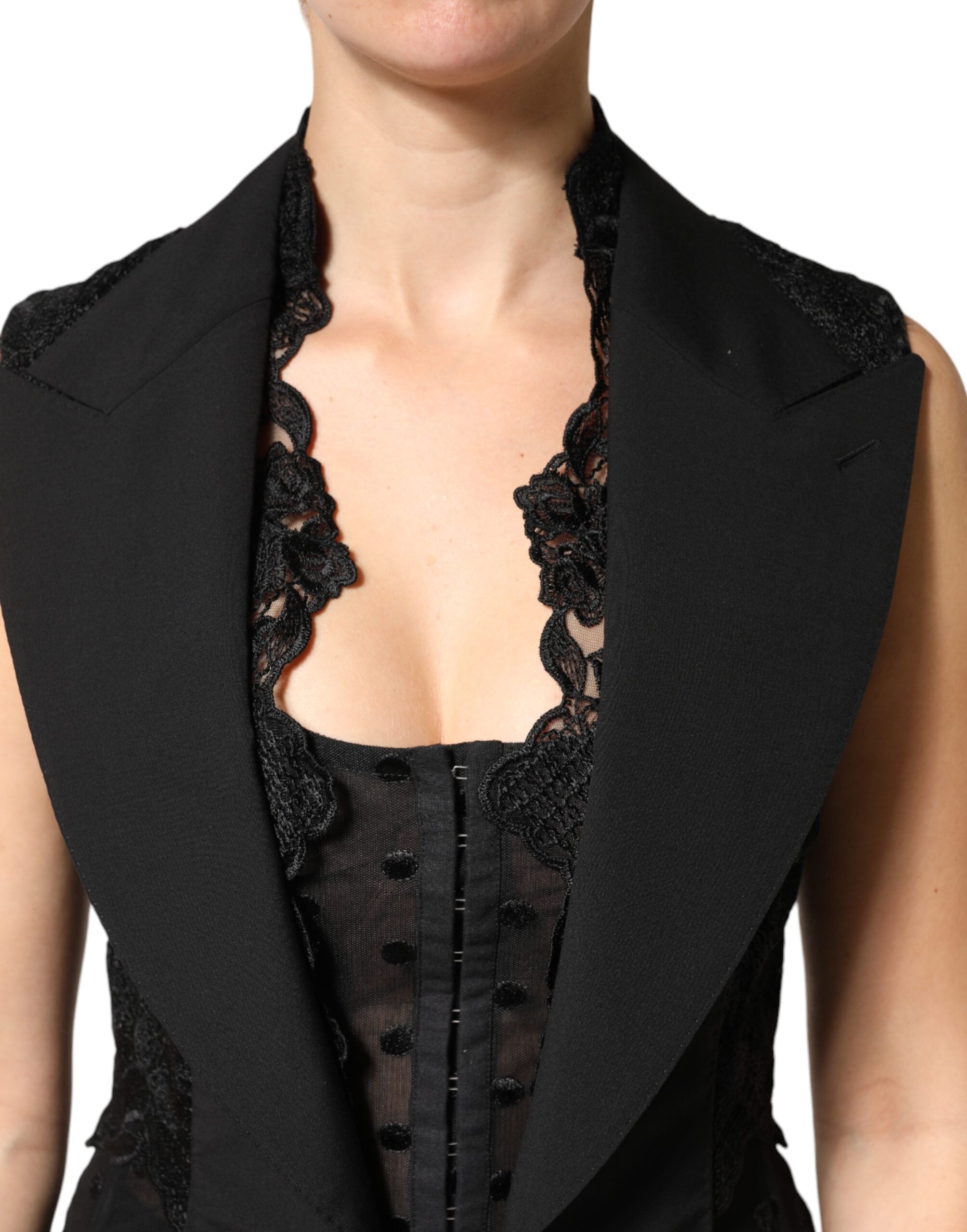 Dolce & Gabbana Black Lace Vest with V-Neck, Slit Hem, and Ruched Waist-5