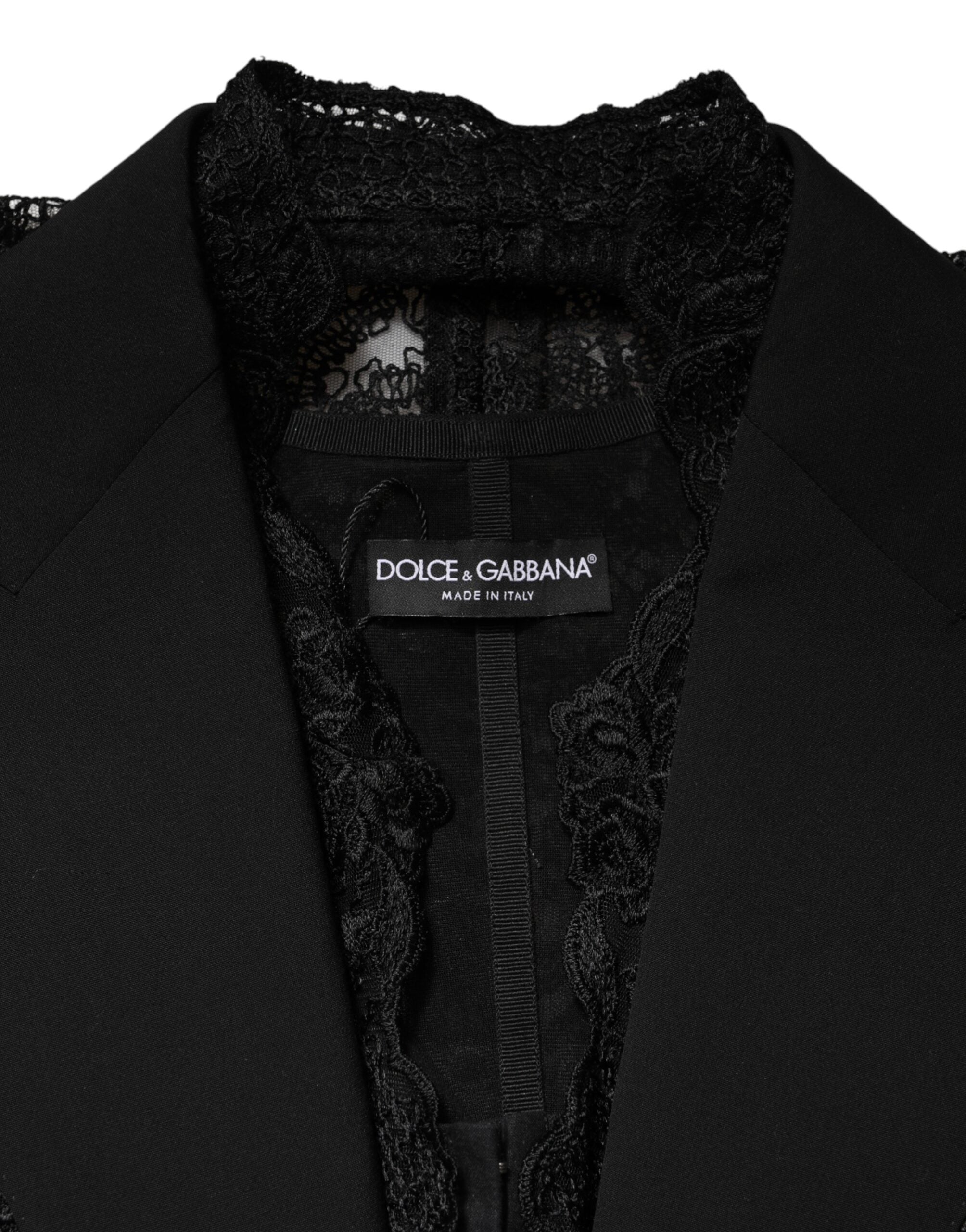 Dolce & Gabbana Black Lace Vest with V-Neck, Slit Hem, and Ruched Waist-7