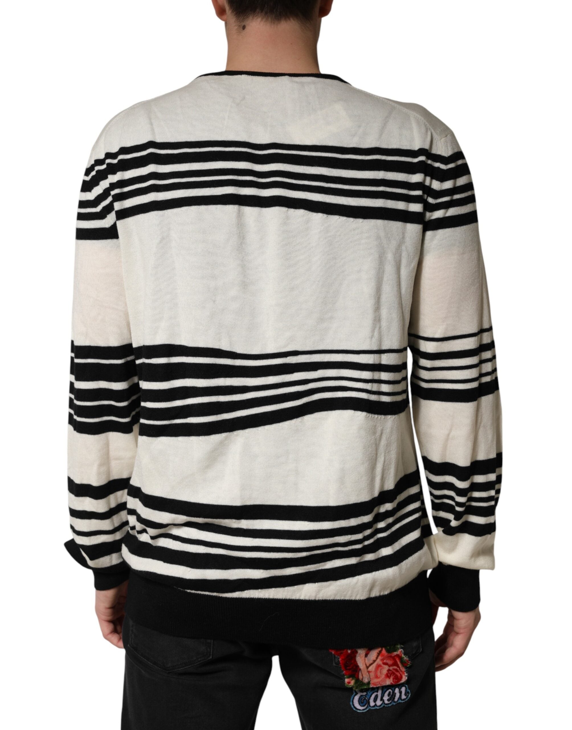 Dolce & Gabbana Pullover-Pullover mit schwarzem und weißem Streifenmuster und Rundhalsausschnitt-4