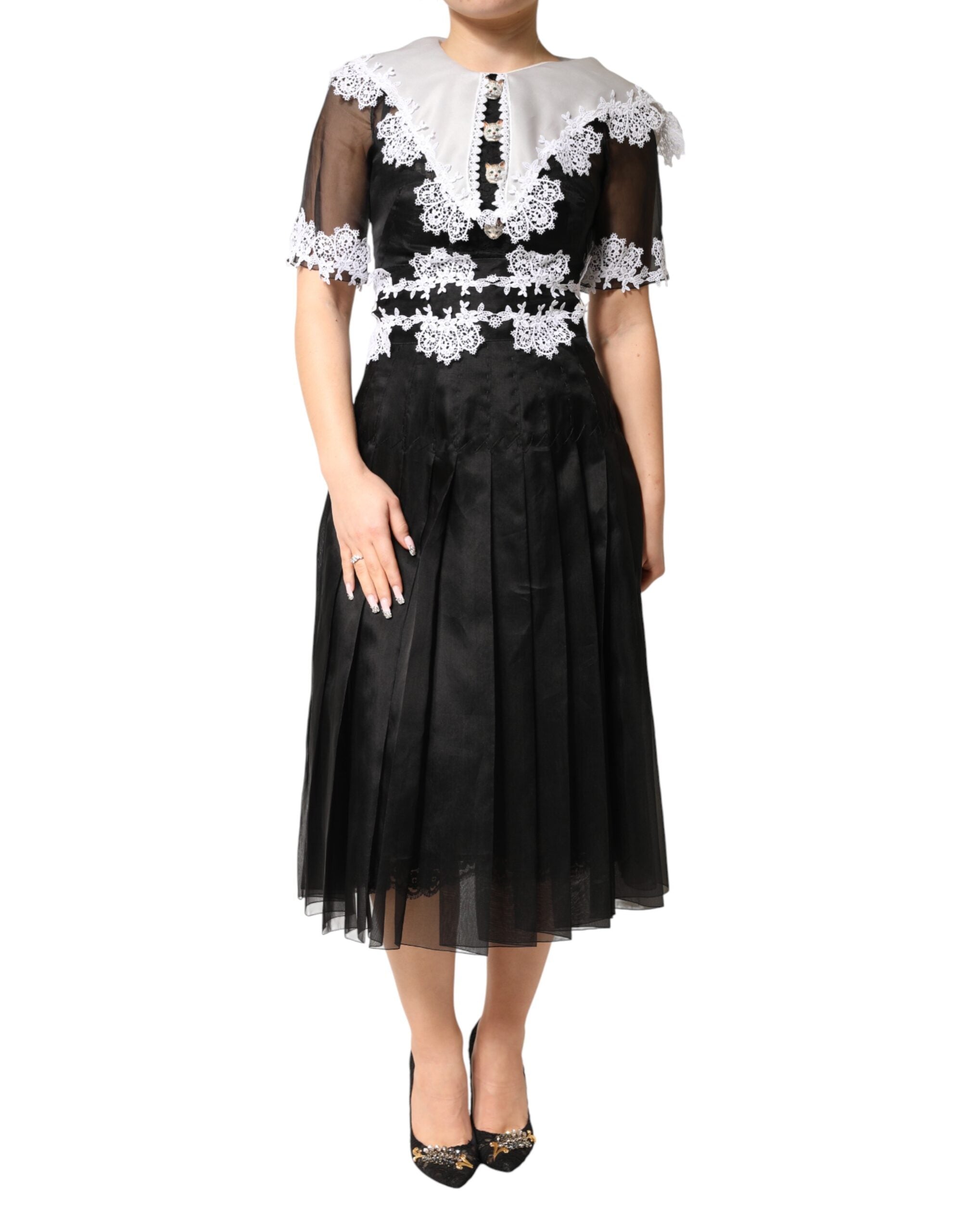 Dolce & Gabbana Black Macramé Lace Silk Midi Dress