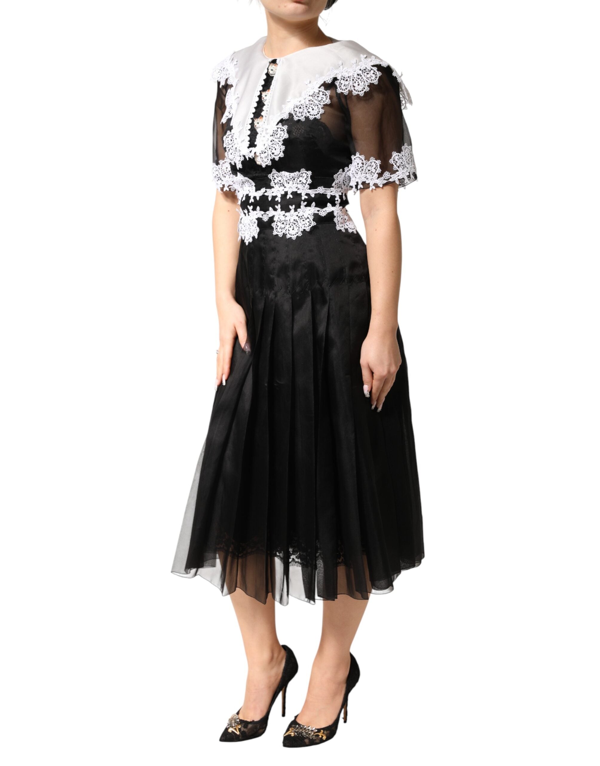 Dolce & Gabbana Black Macramé Lace Silk Midi Dress-3
