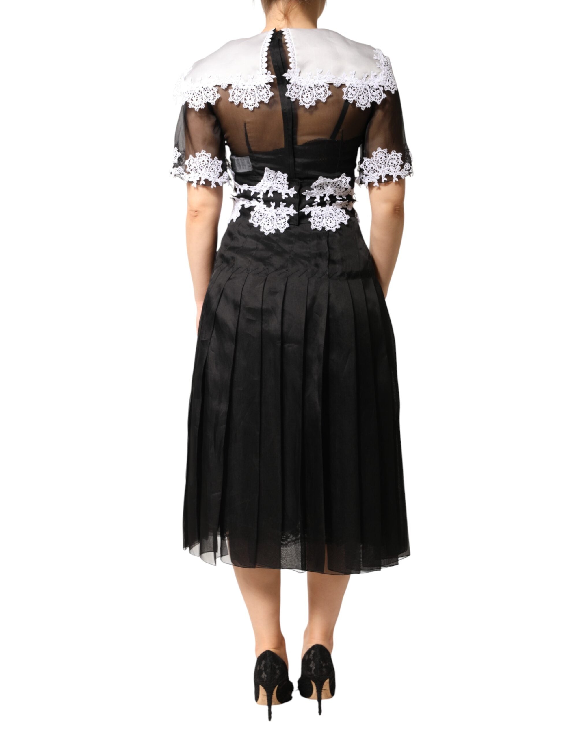 Dolce & Gabbana Black Macramé Lace Silk Midi Dress-4