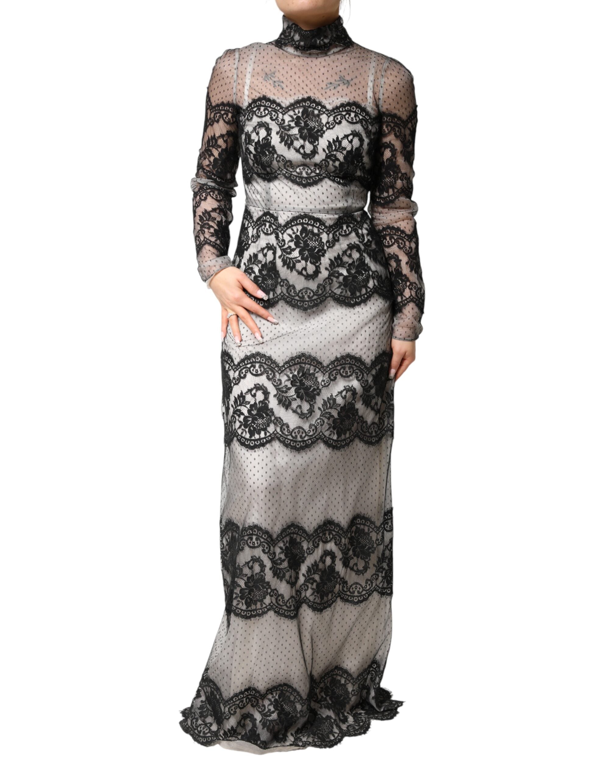 Dolce & Gabbana Black Silk-Blend Maxi Dress with Black and White Lace-2