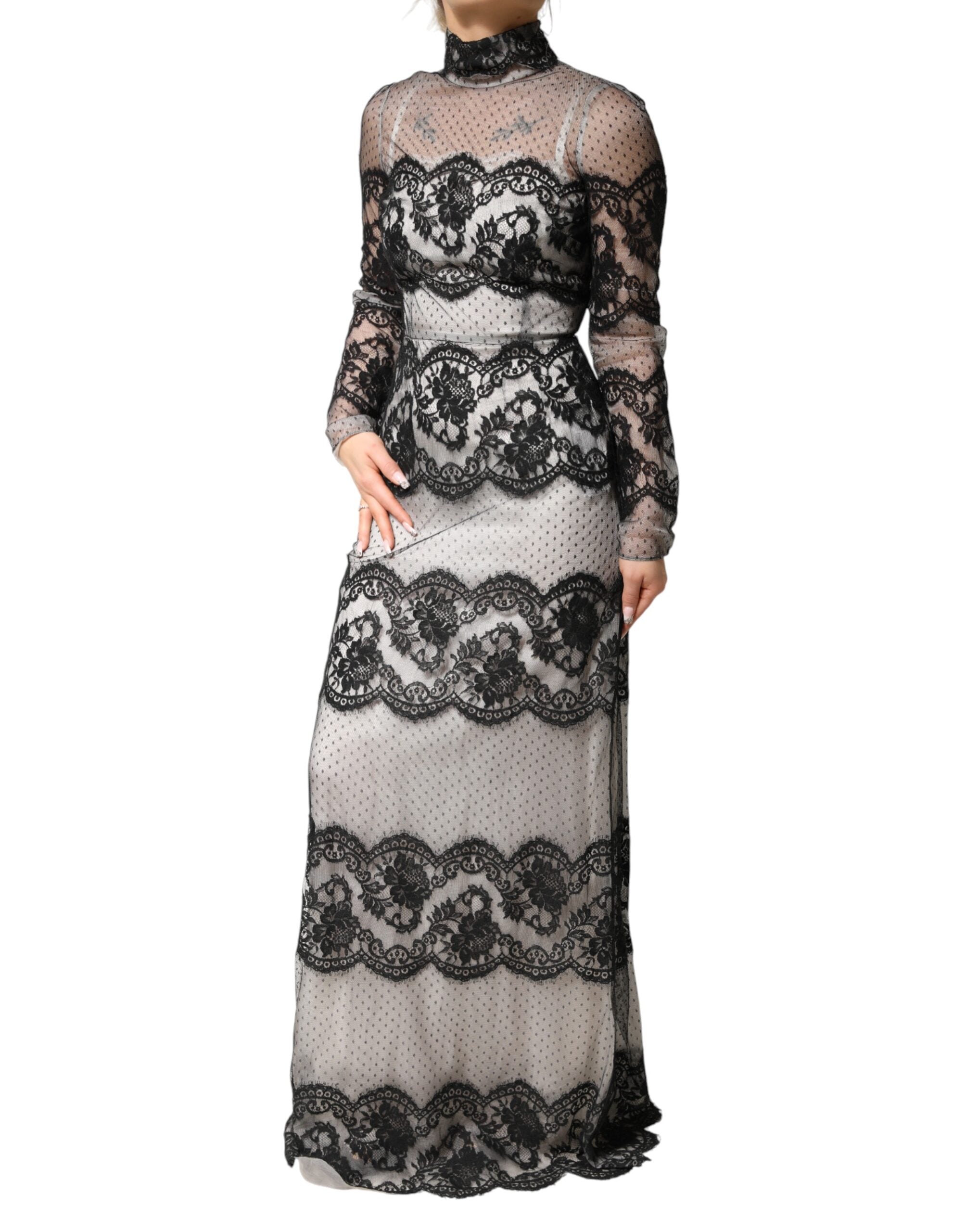 Dolce & Gabbana Black Silk-Blend Maxi Dress with Black and White Lace-3