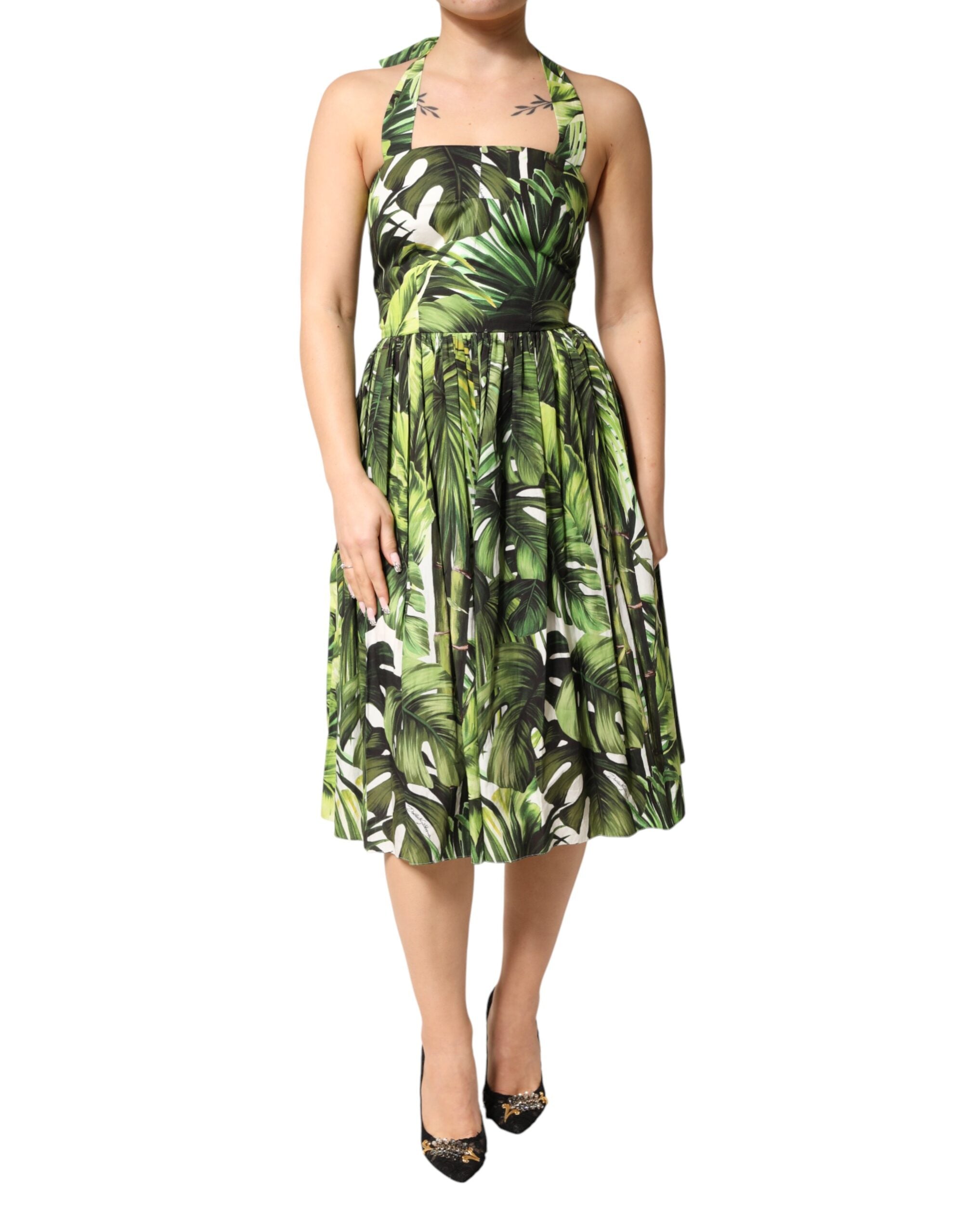 Dolce & Gabbana Green Cotton Leaf Print Midi Dress with Halterneck Detail-2