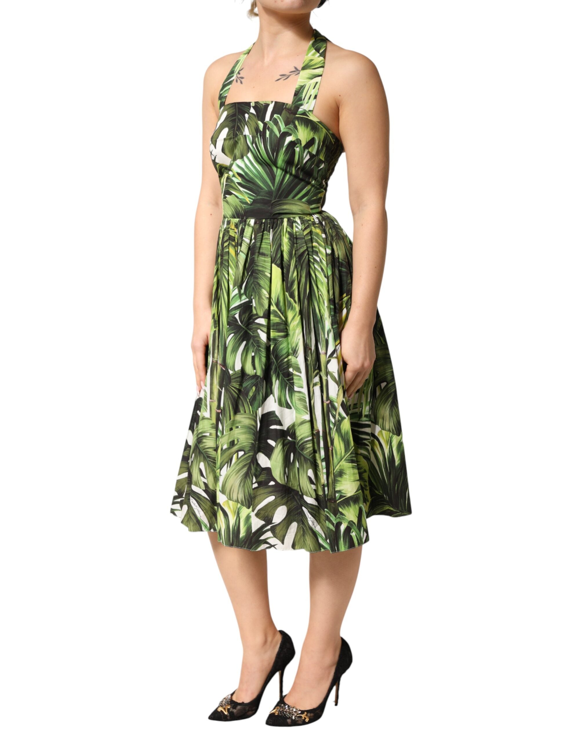 Dolce & Gabbana Green Cotton Leaf Print Midi Dress with Halterneck Detail-3