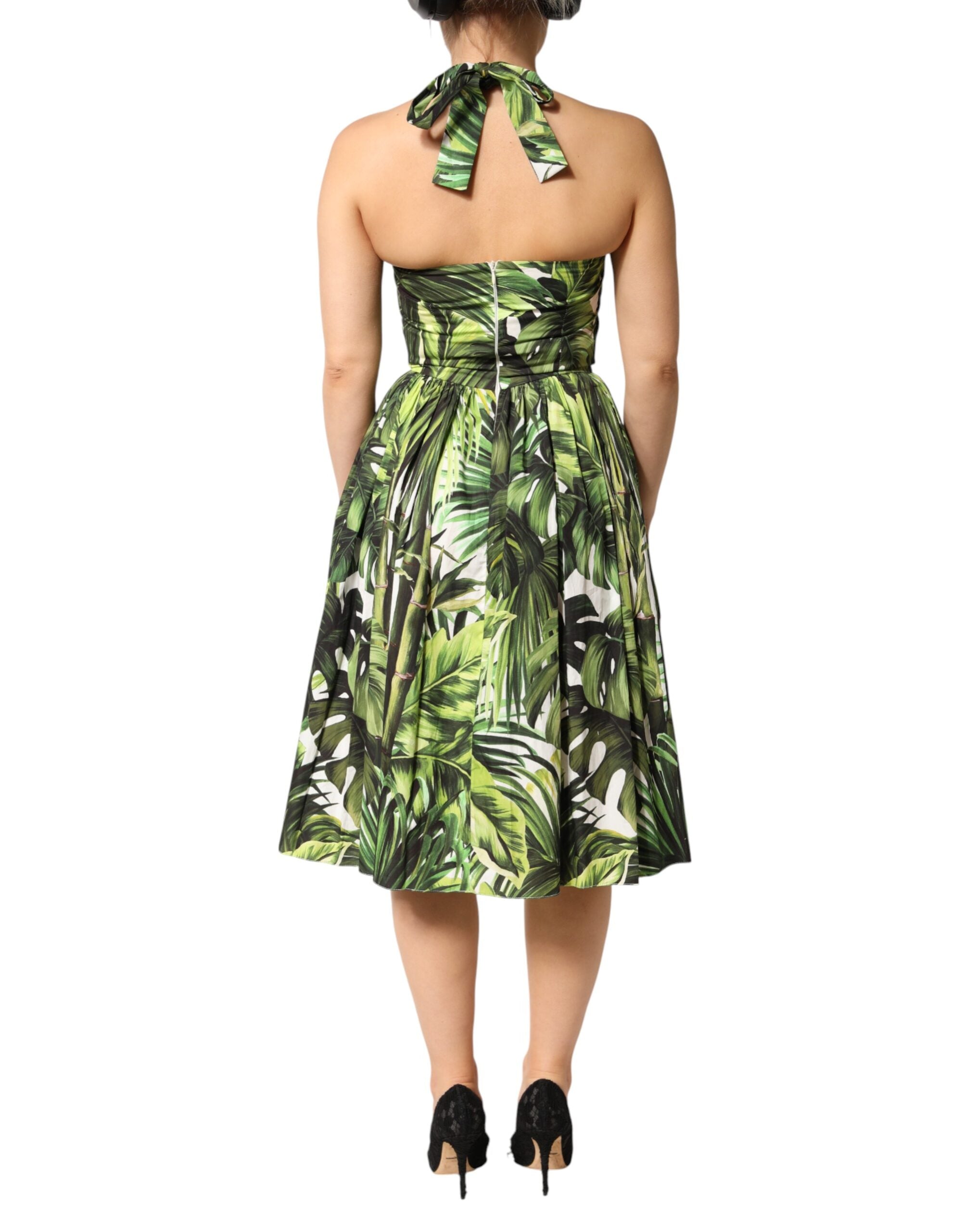 Dolce & Gabbana Green Cotton Leaf Print Midi Dress with Halterneck Detail-4