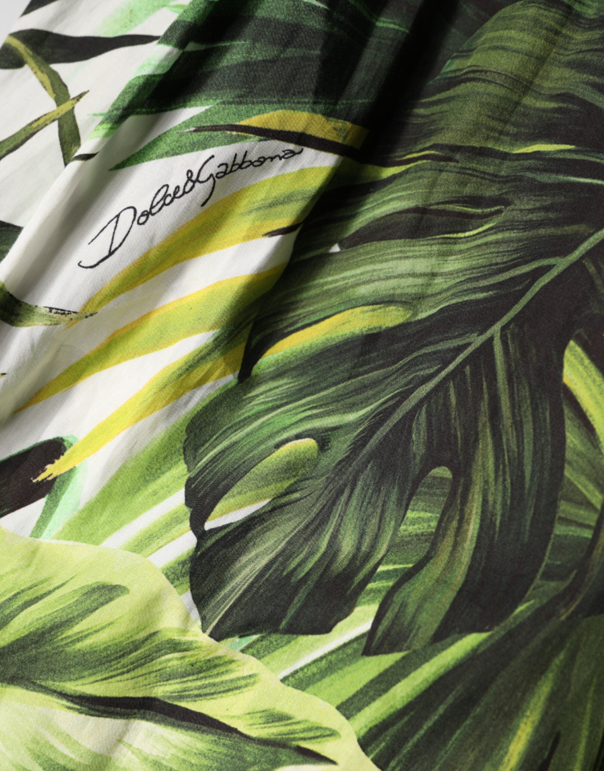Dolce & Gabbana Green Cotton Leaf Print Midi Dress with Halterneck Detail-7