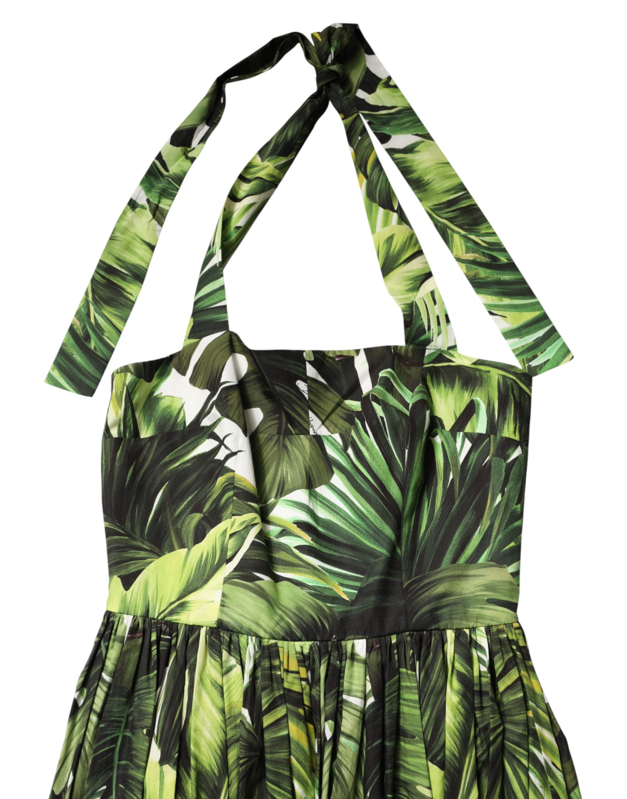 Dolce & Gabbana Green Cotton Leaf Print Midi Dress with Halterneck Detail-8
