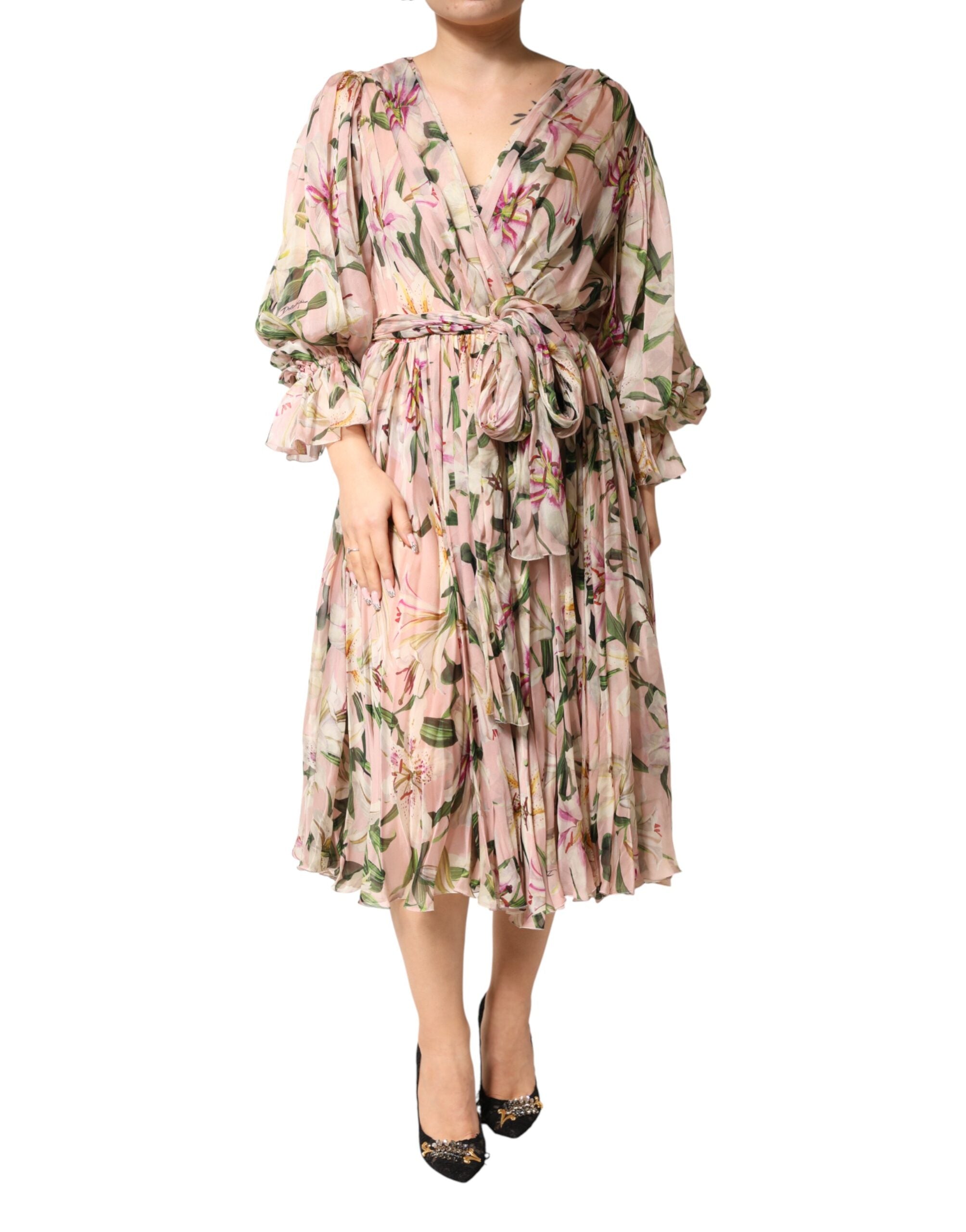 Dolce & Gabbana Pink Lily Print Pleated A-Line Maxi Dress