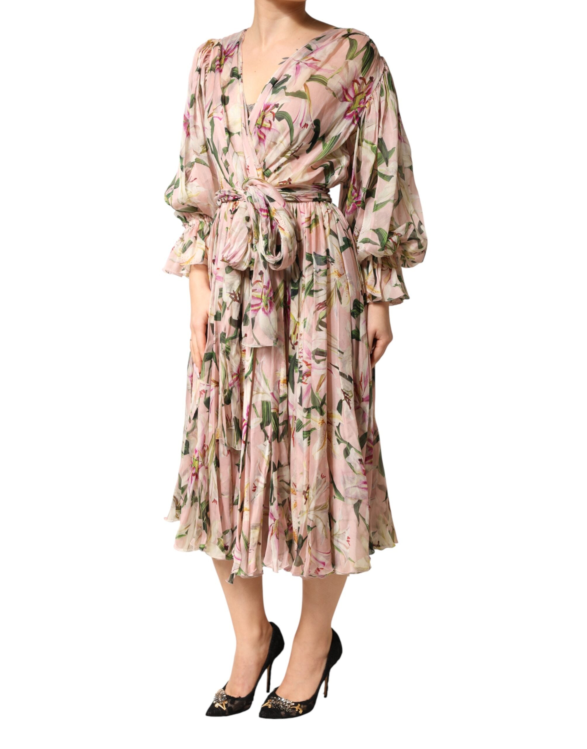 Dolce & Gabbana Pink Lily Print Pleated A-Line Maxi Dress-3