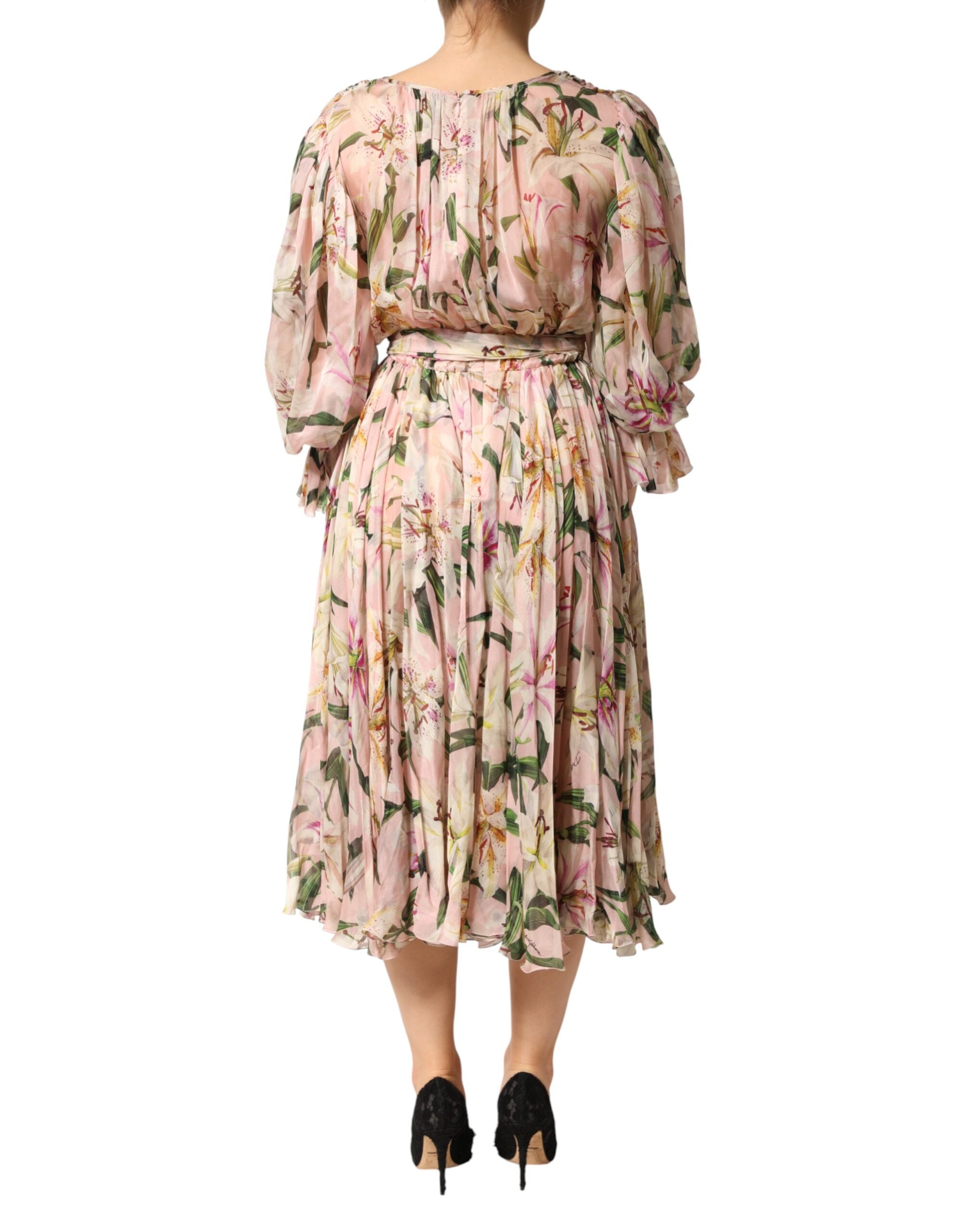 Dolce & Gabbana Pink Lily Print Pleated A-Line Maxi Dress-4