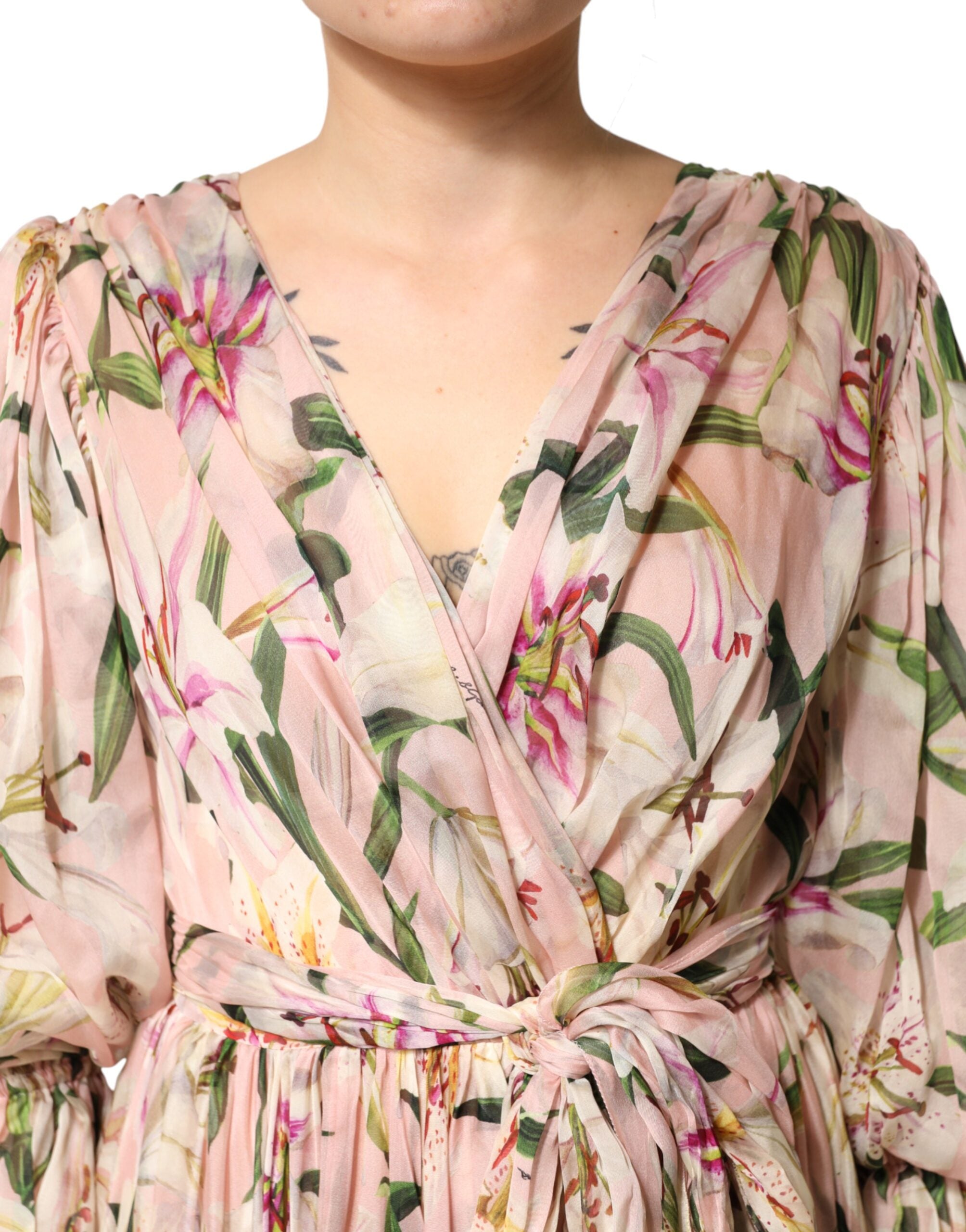 Dolce & Gabbana Pink Lily Print Pleated A-Line Maxi Dress-5