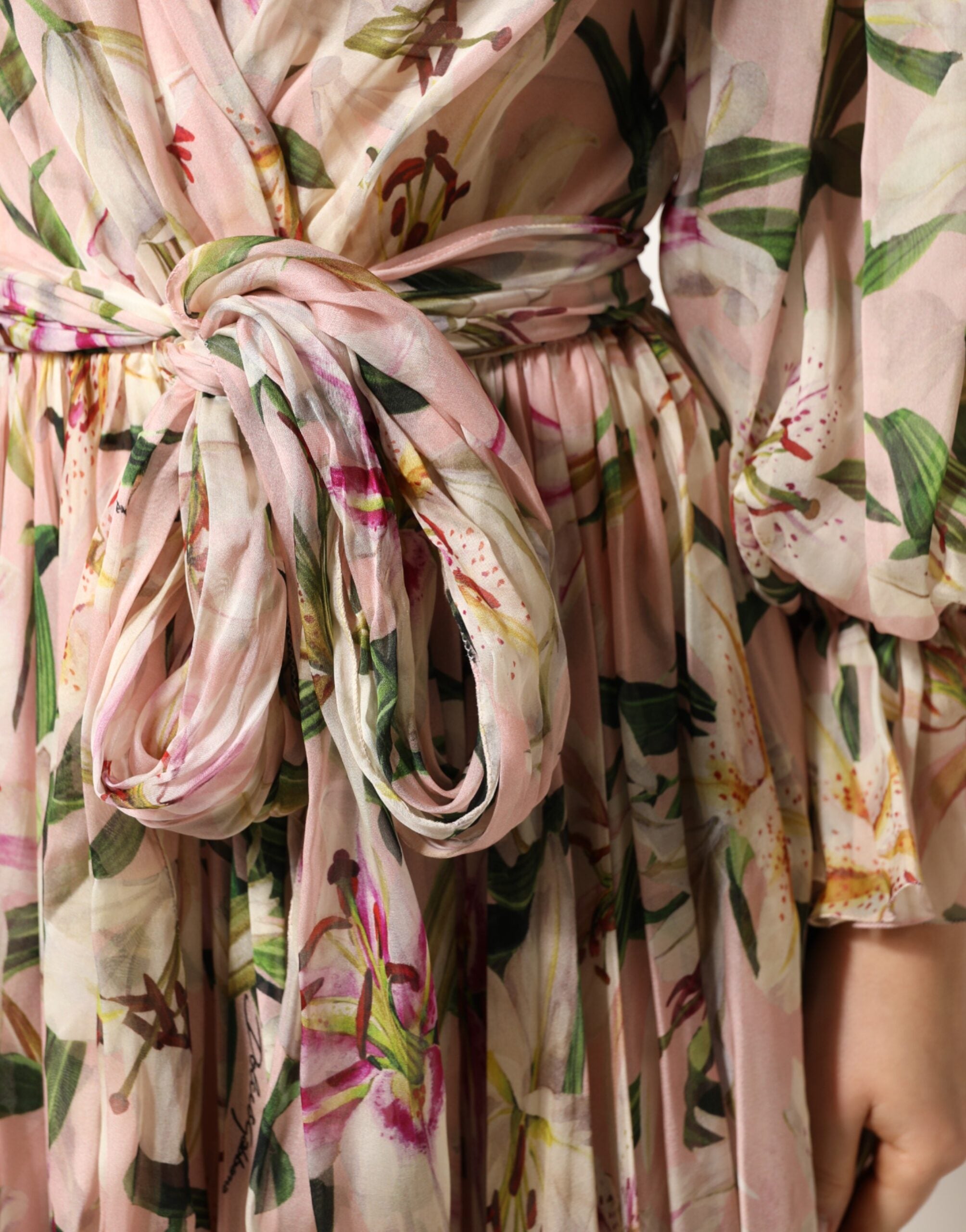 Dolce & Gabbana Pink Lily Print Pleated A-Line Maxi Dress-6