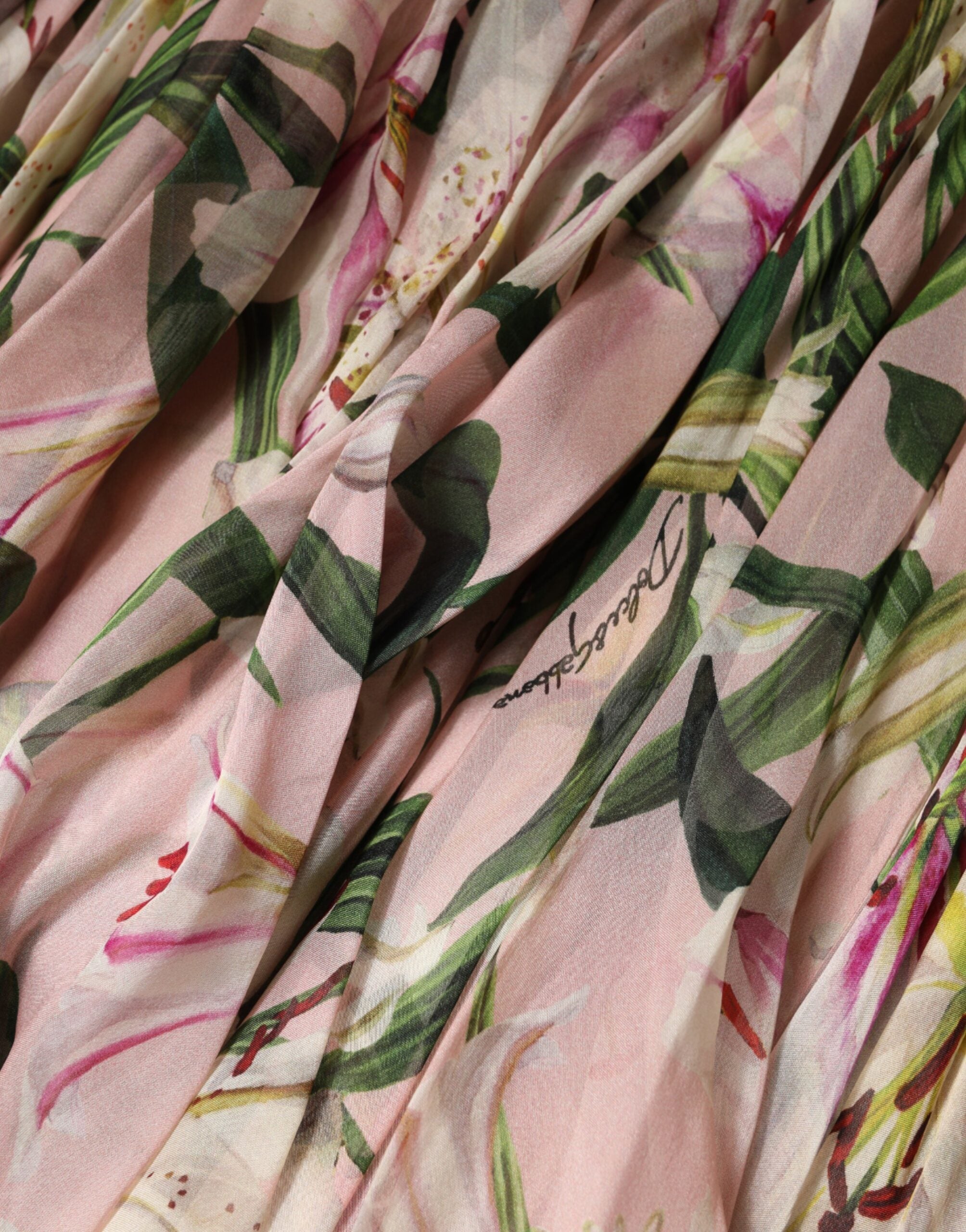 Dolce & Gabbana Pink Lily Print Pleated A-Line Maxi Dress-8