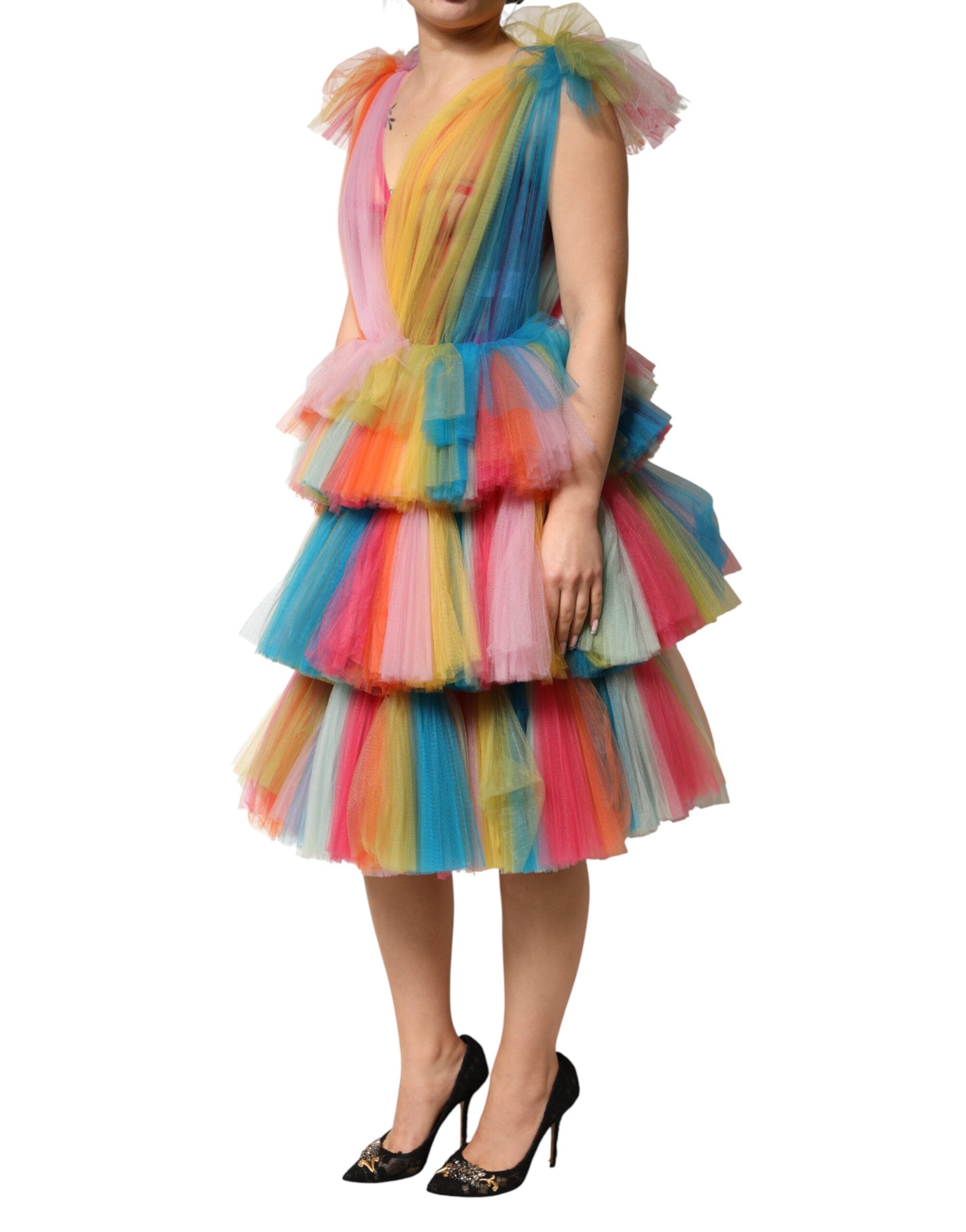 Dolce & Gabbana Multicolor Ruffled Nylon Tulle Midi Dress-3